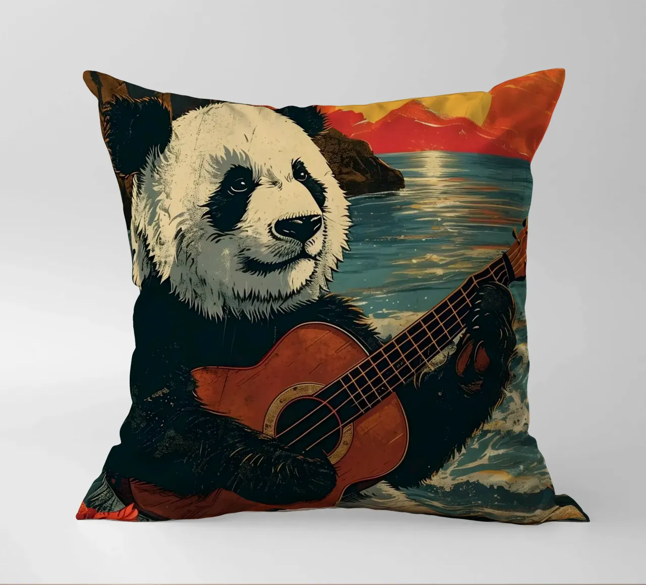 Panda spielt Gitarre am Strand cuscino da WILD ART