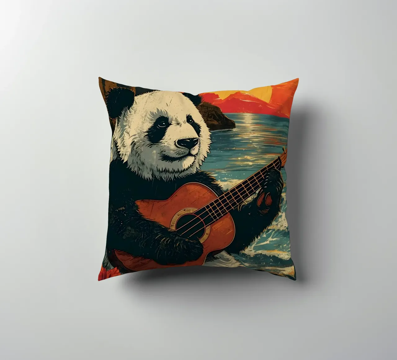 Panda spielt Gitarre am Strand cuscino da WILD ART