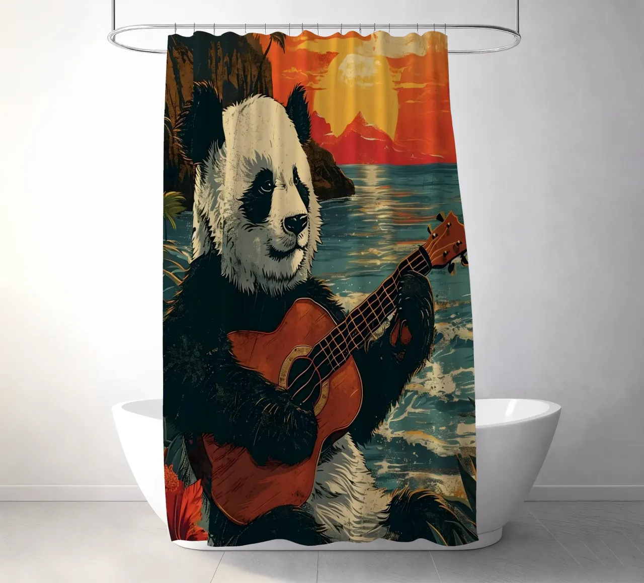 Panda spielt Gitarre am Strand shower curtain by WILD ART