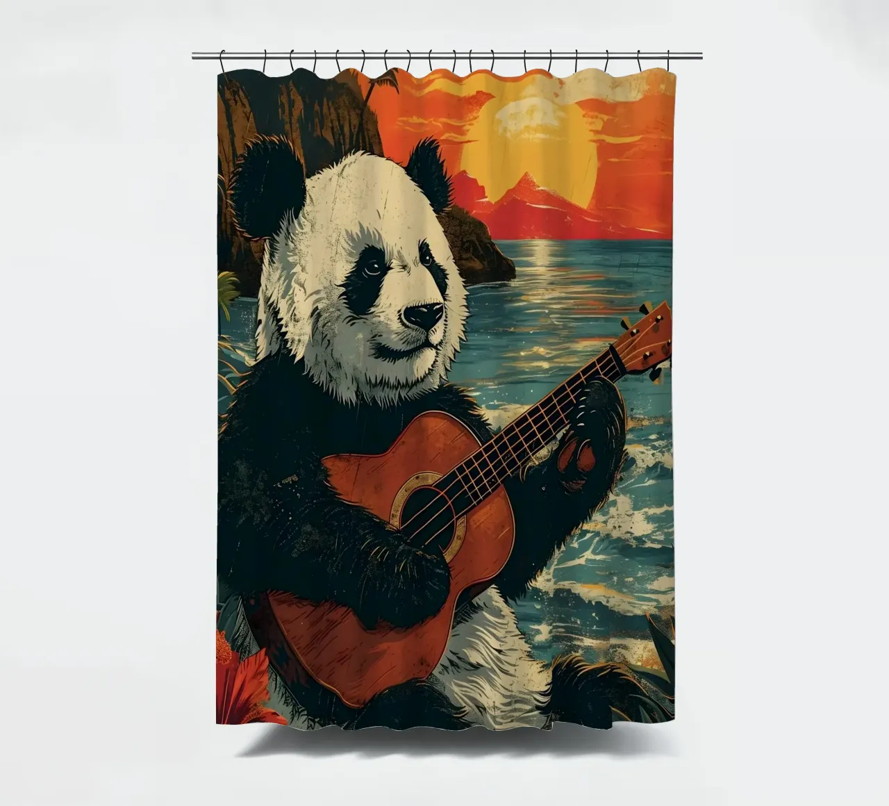 Panda spielt Gitarre am Strand shower curtain by WILD ART