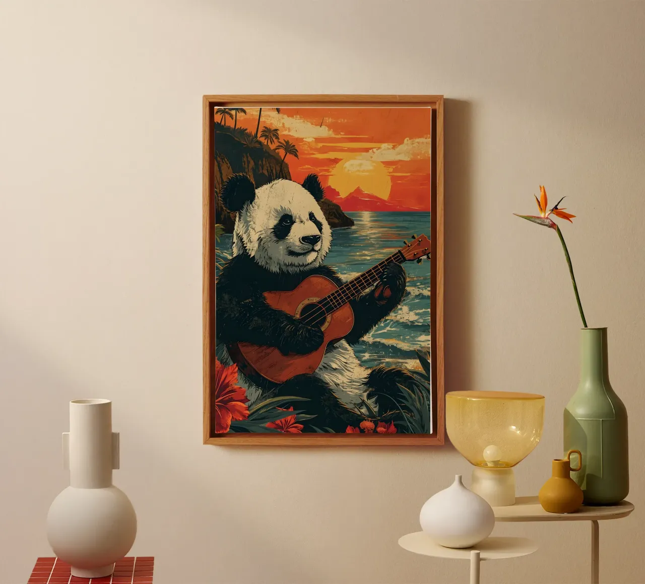Panda spielt Gitarre am Strand tela con Cornice a cassetta da WILD ART