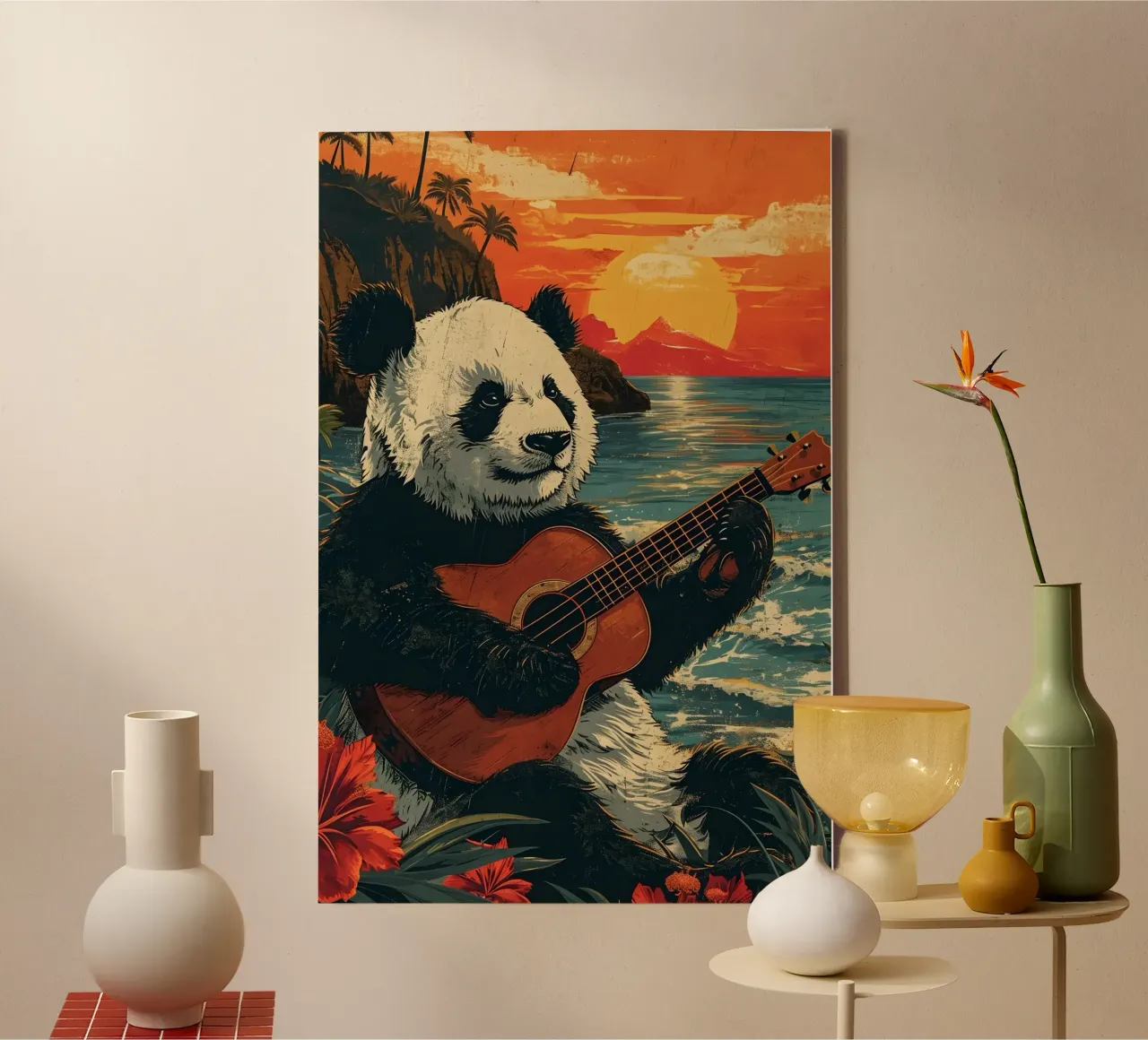 Panda spielt Gitarre am Strand tela con Cornice a cassetta da WILD ART