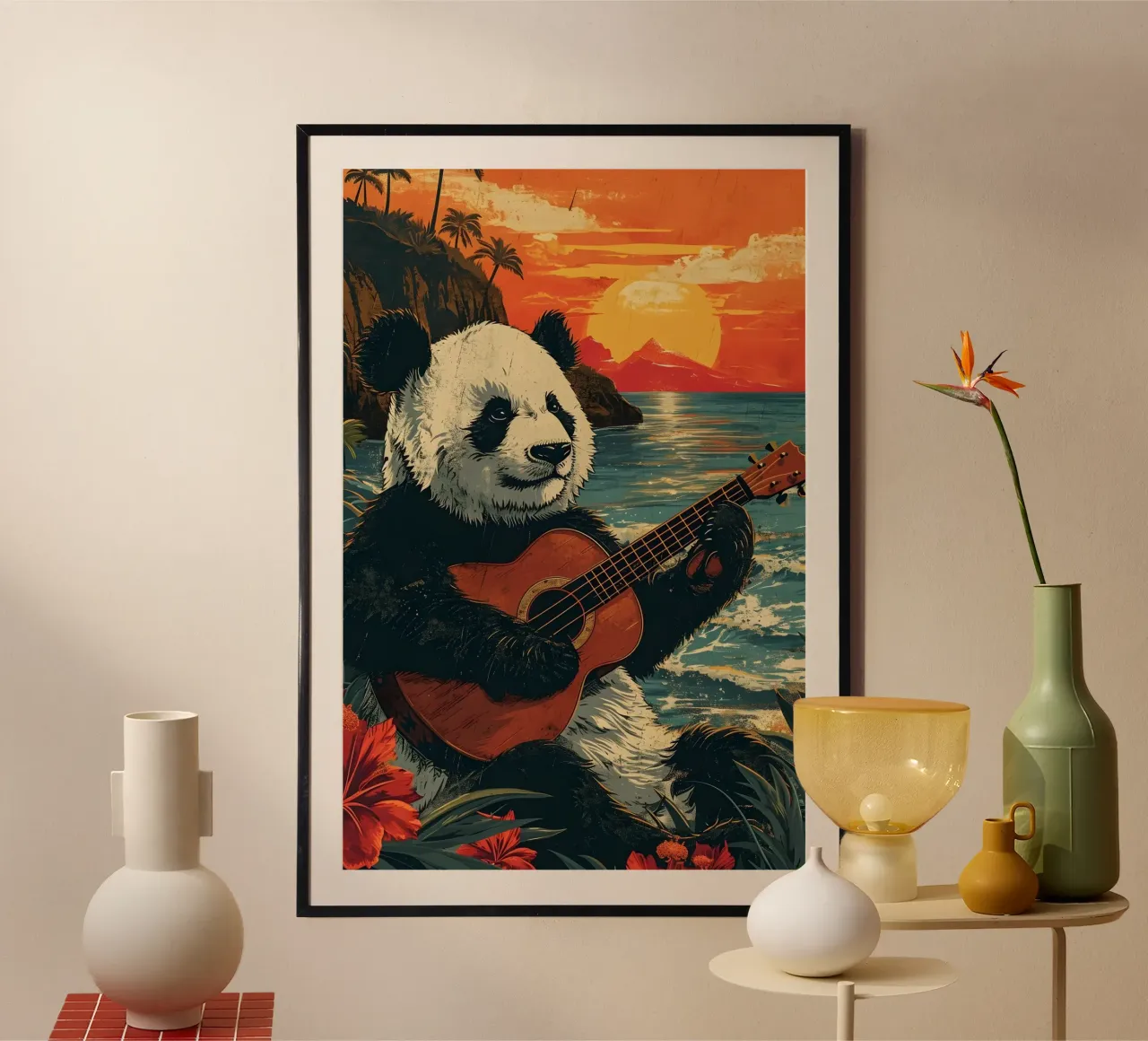 Panda spielt Gitarre am Strand carta hahnemühle da WILD ART