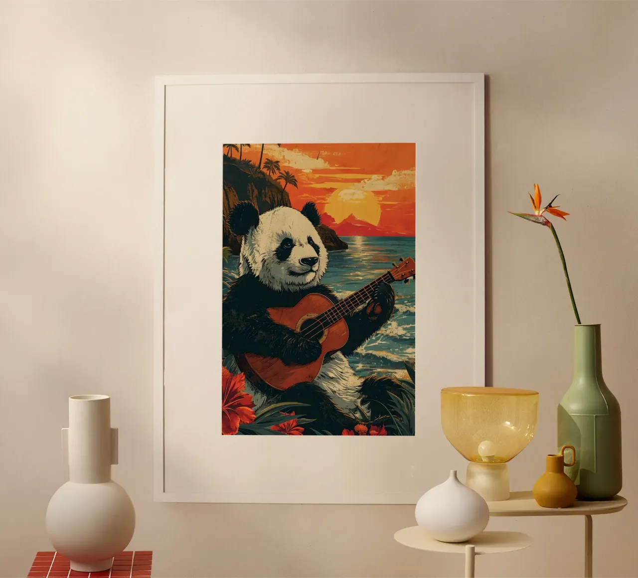 Panda spielt Gitarre am Strand carta hahnemühle da WILD ART