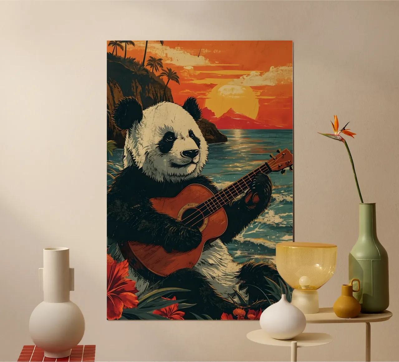 Panda spielt Gitarre am Strand carta hahnemühle da WILD ART