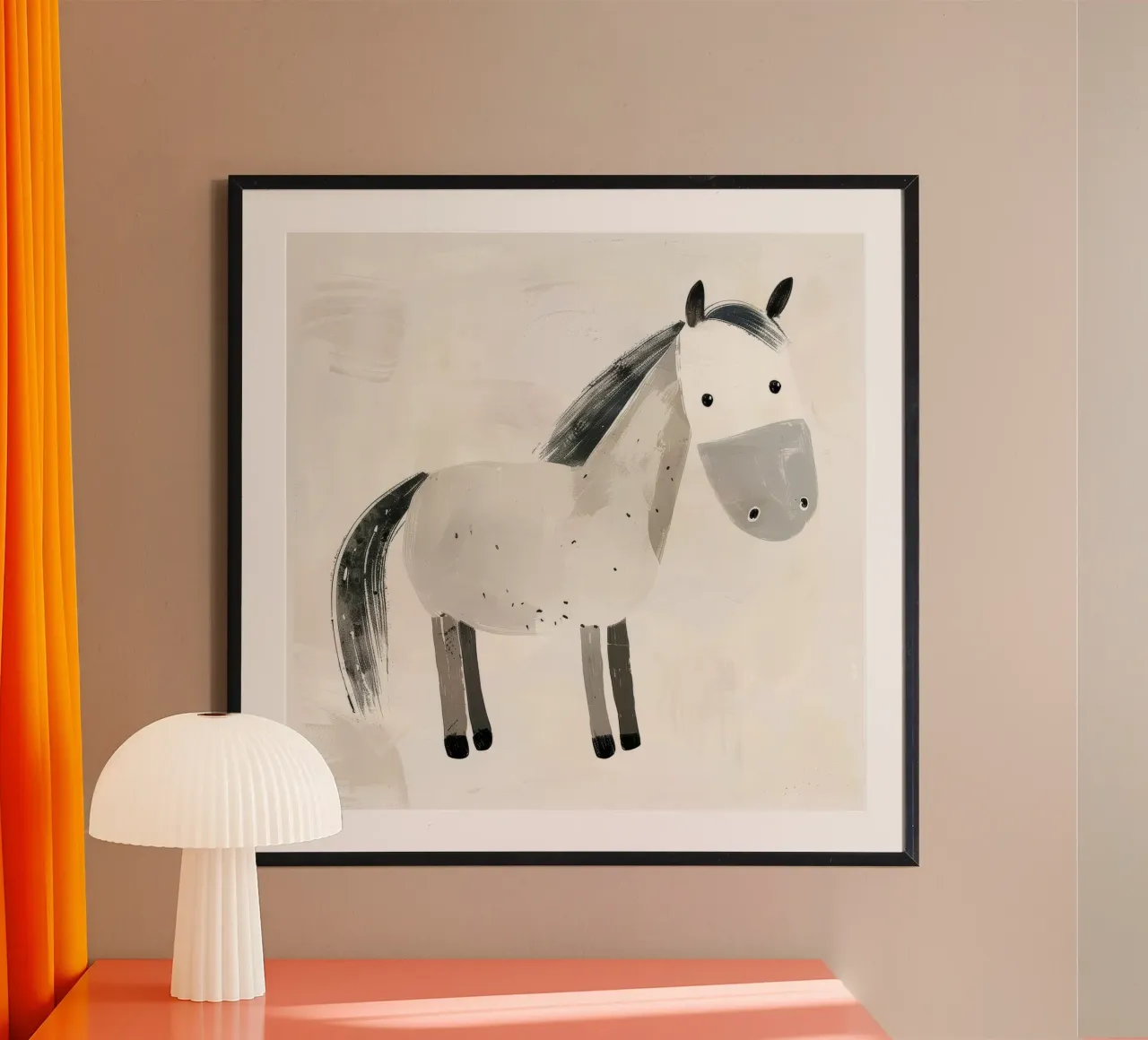 Illustrazione di un cavallo grigio stravagante poster con telaio in legno da DesignDoodle