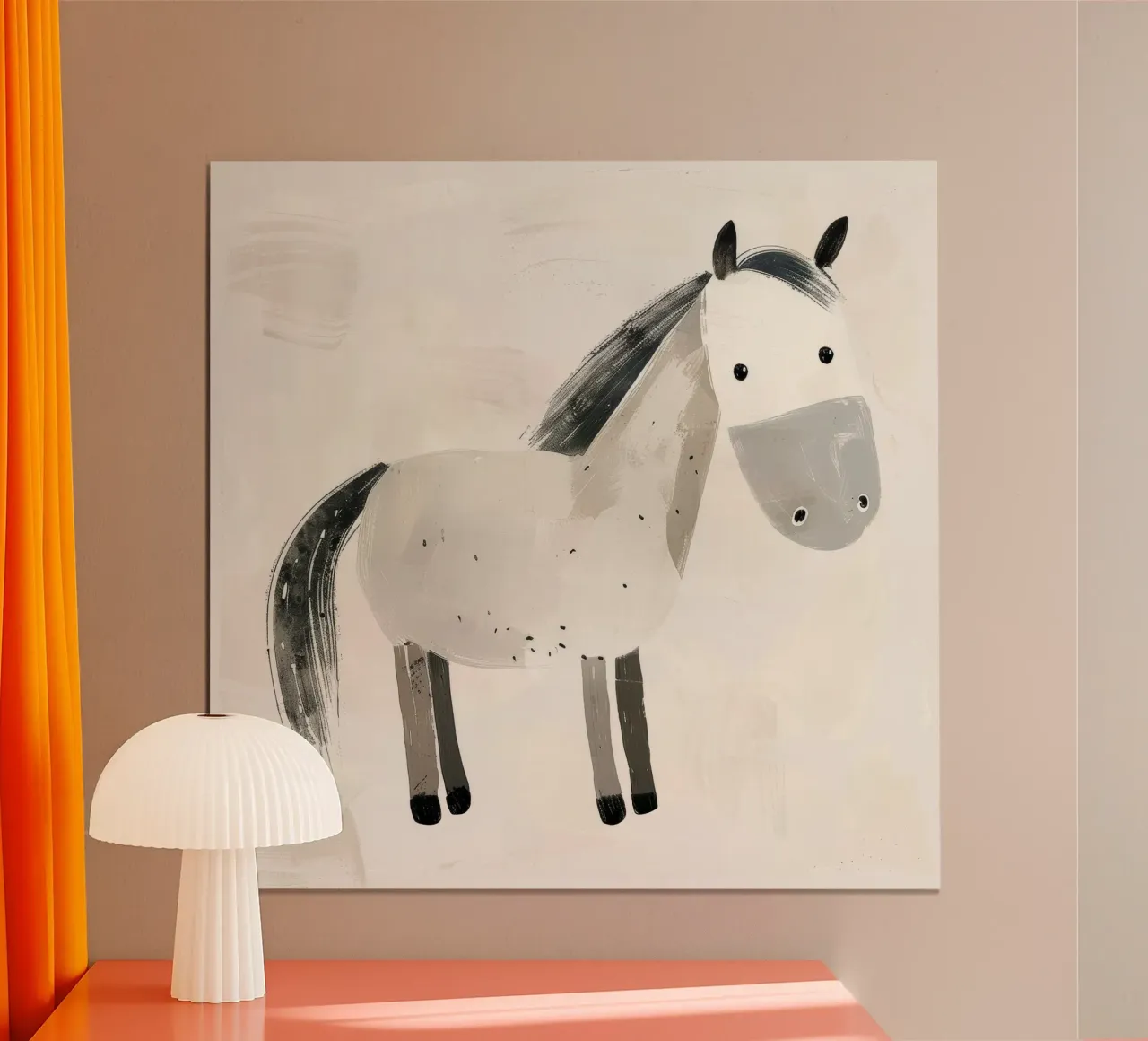 Illustrazione di un cavallo grigio stravagante poster con telaio in legno da DesignDoodle
