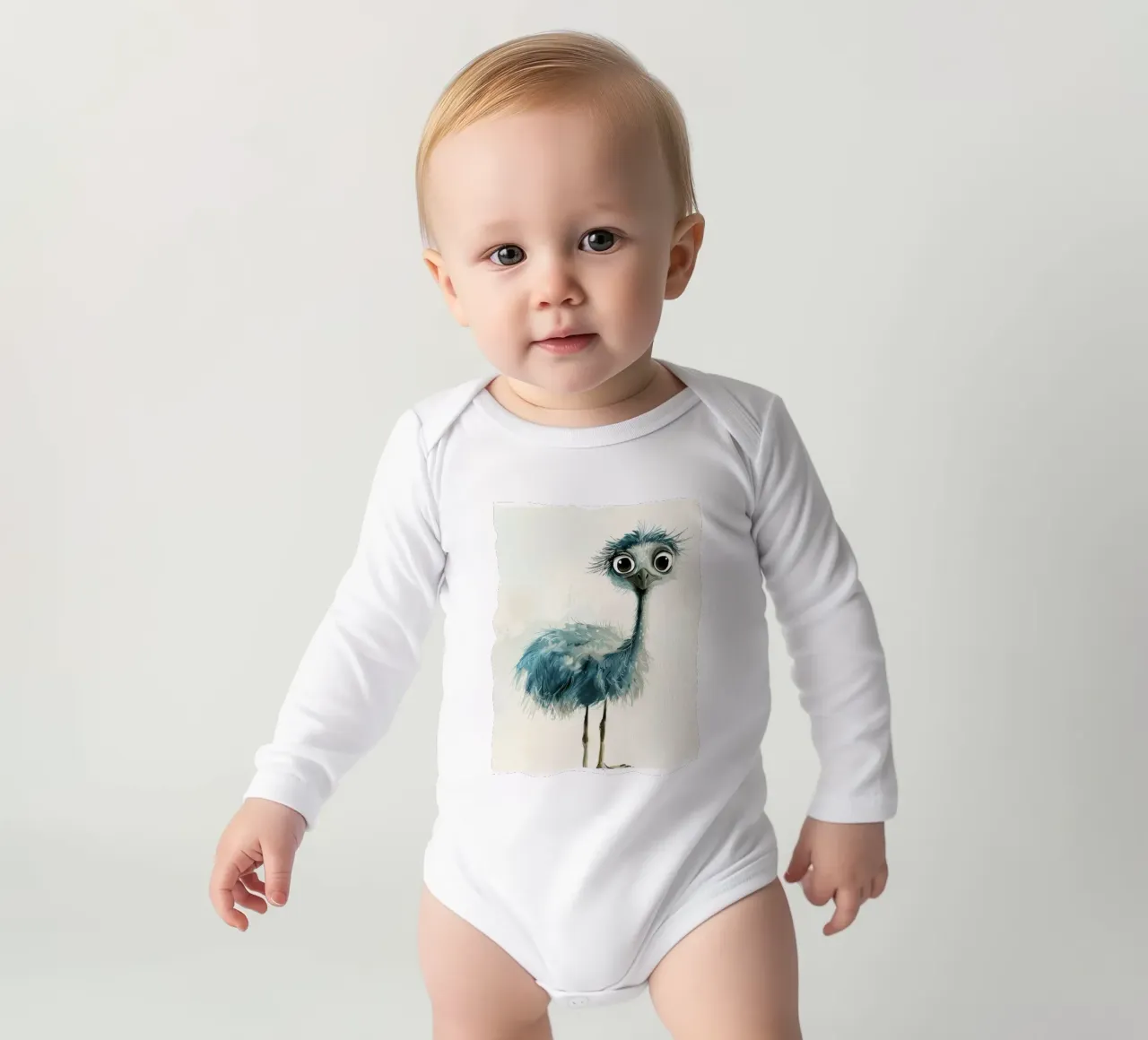 Charming Juvenile Emu Drawing long-sleeve baby romper by DesignDoodle