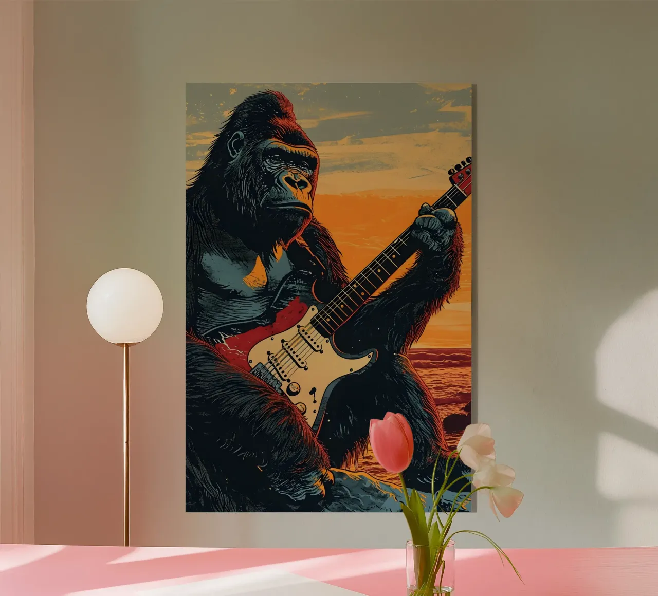Gorilla spielt E-Gitarre am Strand plexiglass da WILD ART