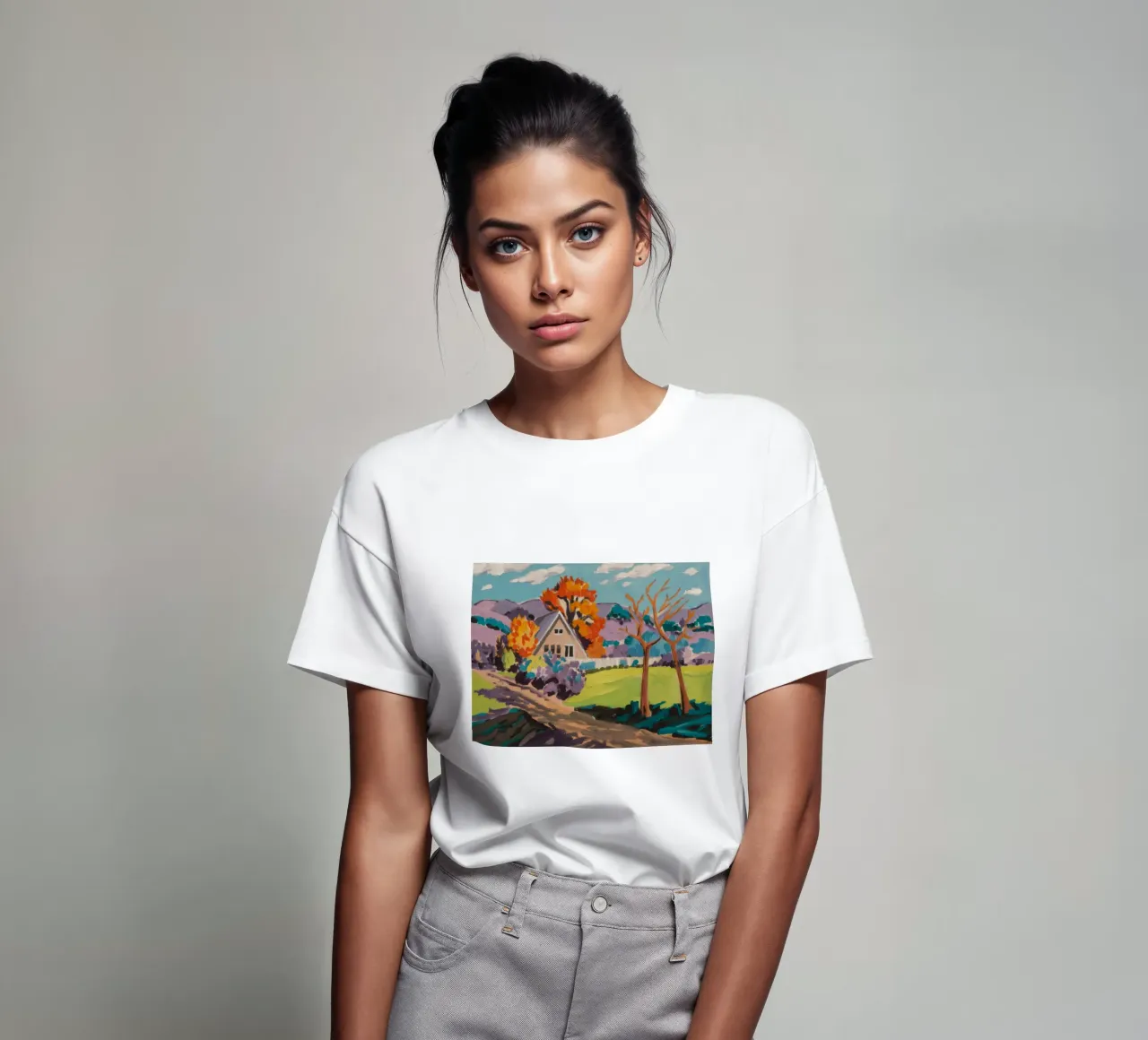 Paesaggio onirico del villaggio cromatico t-shirt da Celestial Harmony