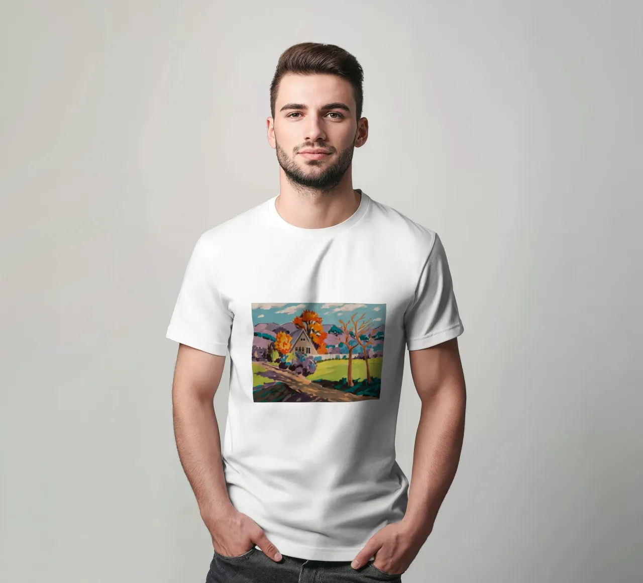Paesaggio onirico del villaggio cromatico t-shirt da Celestial Harmony