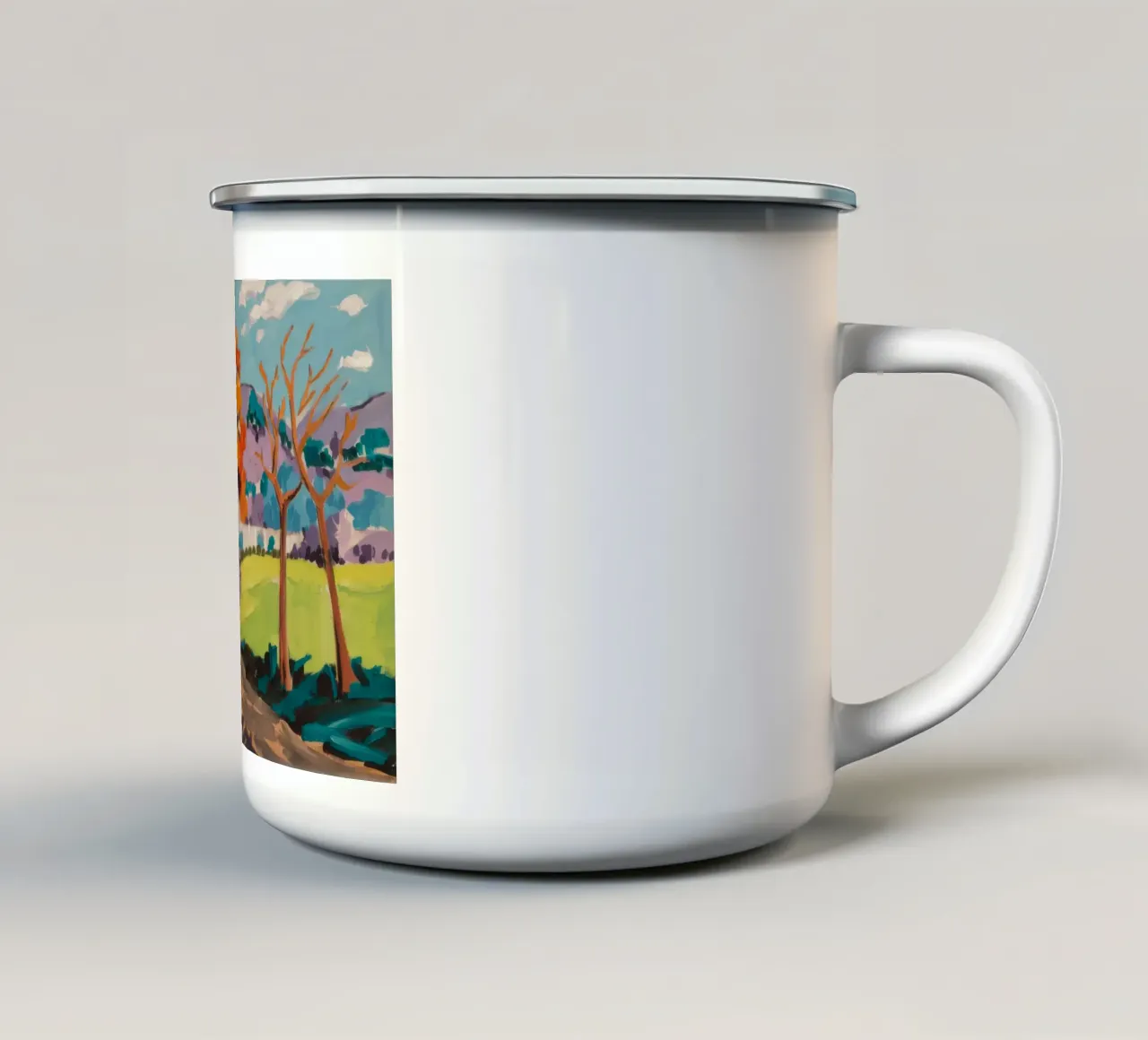 Paesaggio onirico del villaggio cromatico tazza in smalto da Celestial Harmony