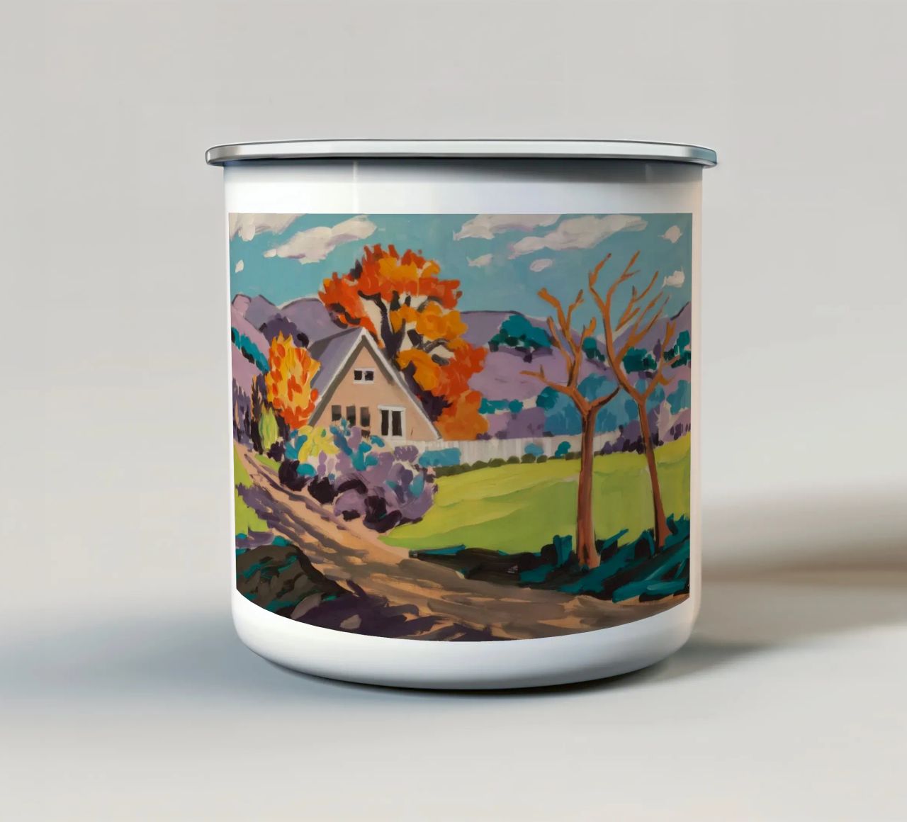 Paesaggio onirico del villaggio cromatico tazza in smalto da Celestial Harmony