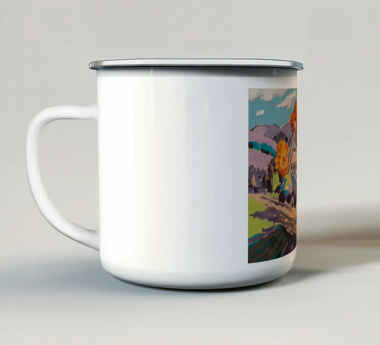 Paesaggio onirico del villaggio cromatico tazza in smalto da Celestial Harmony