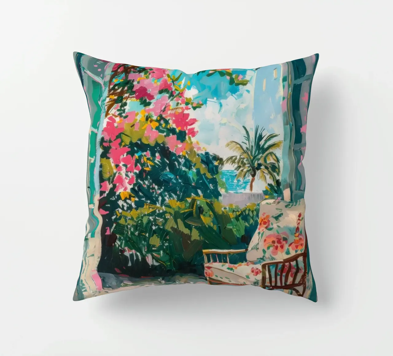 Exotic garden view through open door decorative cushion by Nikis Art Studio