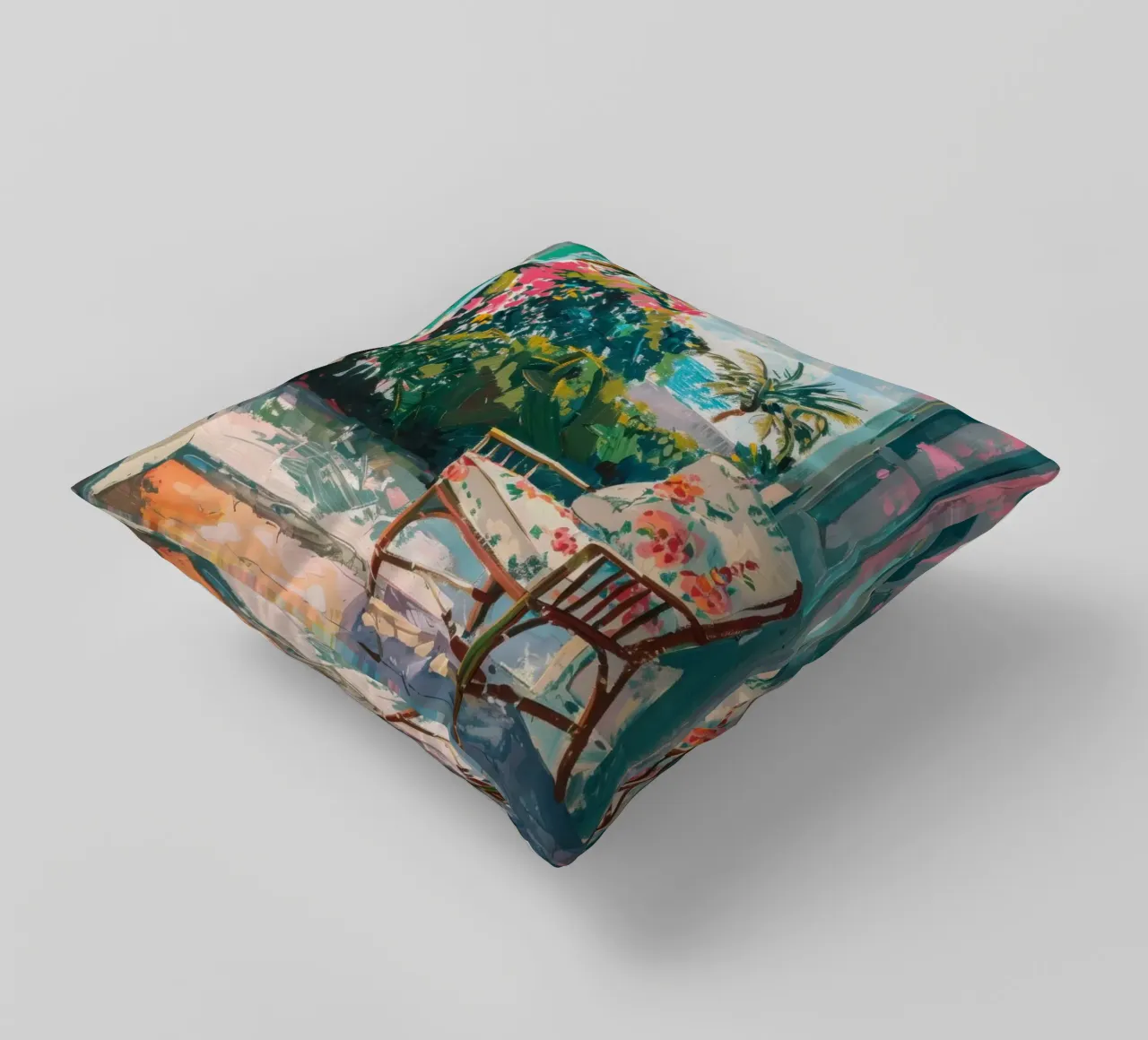 Exotic garden view through open door decorative cushion by Nikis Art Studio