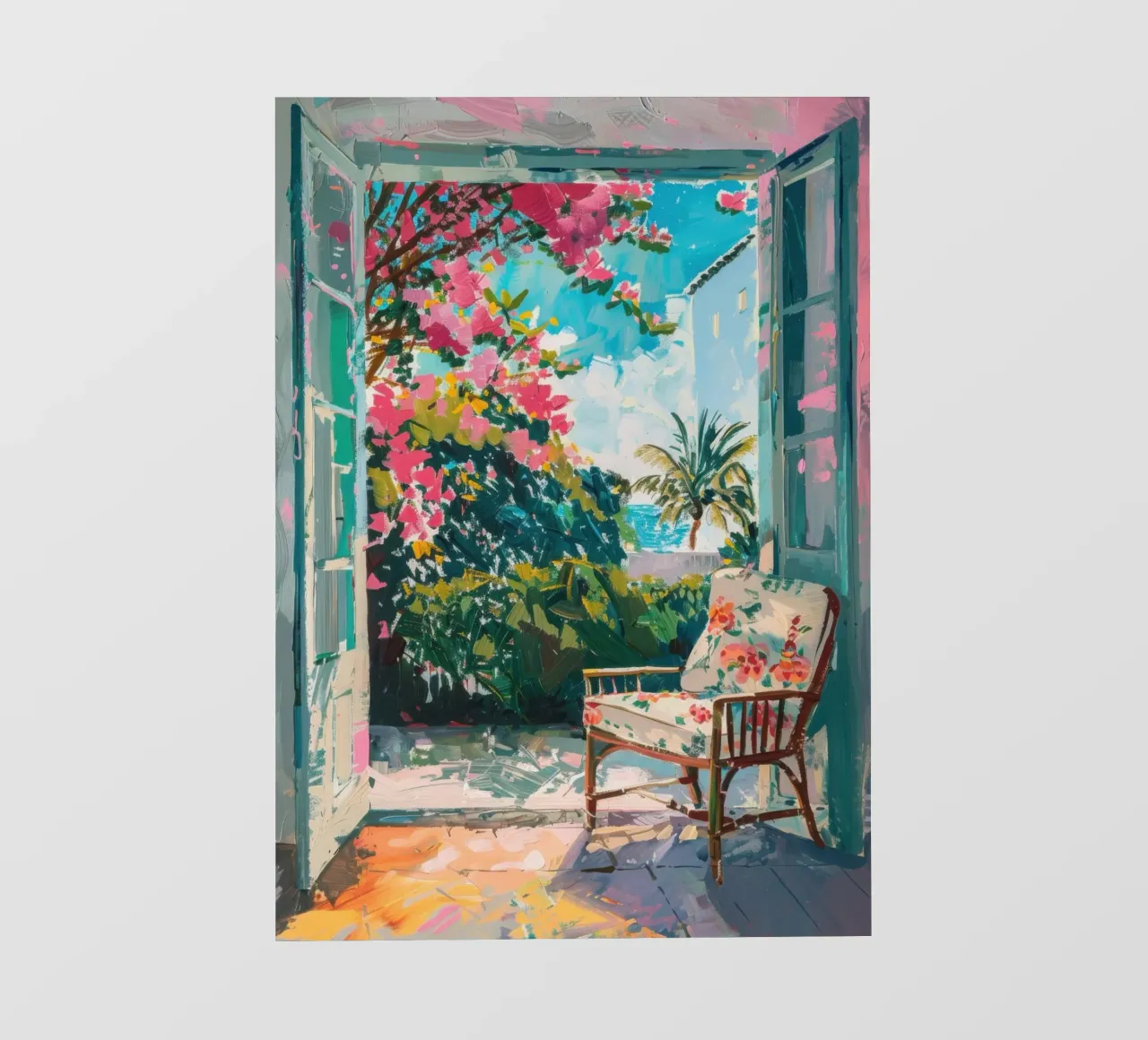 Vue sur le jardin exotique grâce à la porte ouverte bâche pvc de Nikis Art Studio