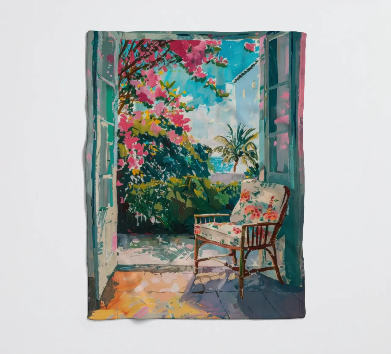 Exotic garden view through open door fleece blanket by Nikis Art Studio