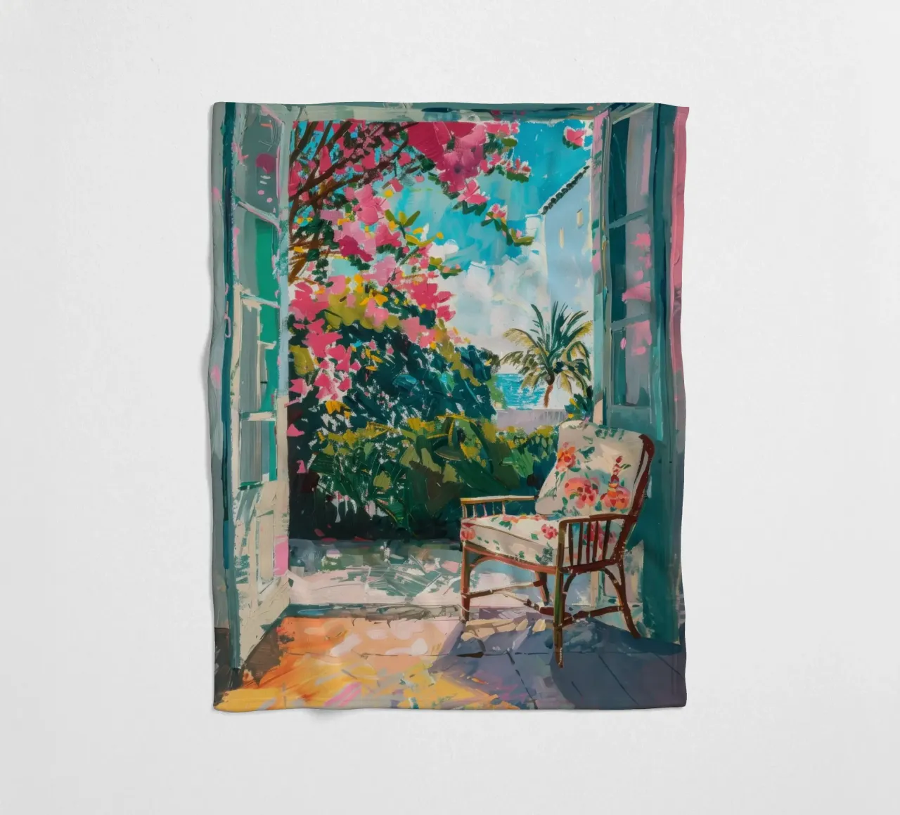 Exotic garden view through open door fleece blanket by Nikis Art Studio