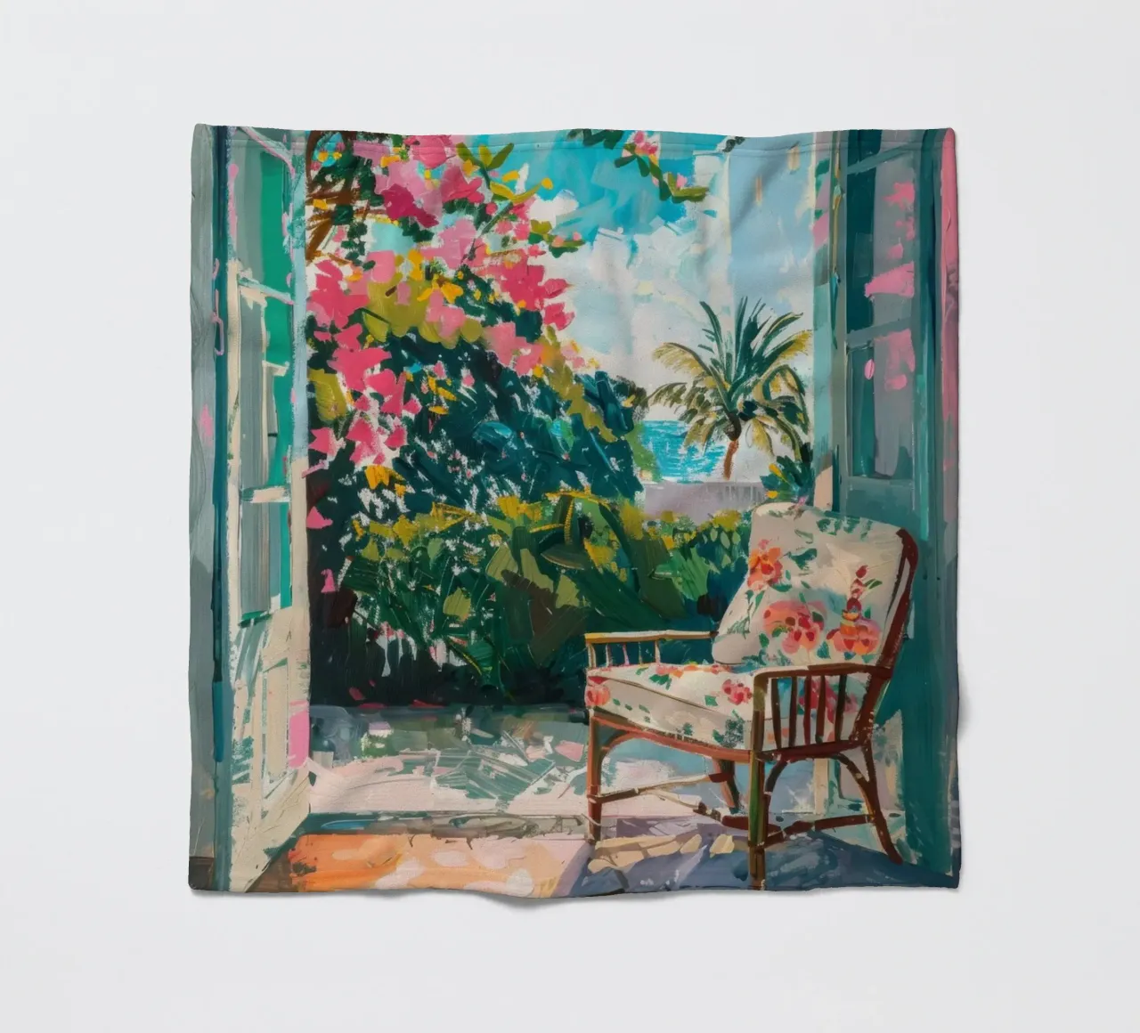 Exotic garden view through open door fleece blanket by Nikis Art Studio