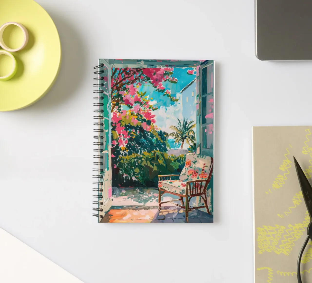Exotic garden view through open door spiral notebook by Nikis Art Studio