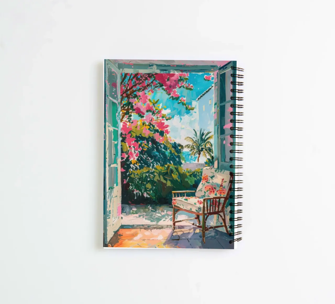 Exotic garden view through open door spiral notebook by Nikis Art Studio