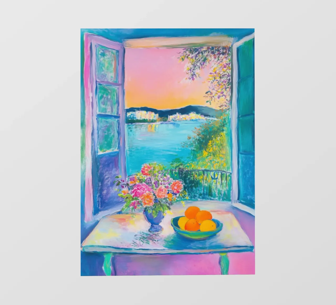 Vue estivale sur la mer avec des fleurs et des oranges bâche pvc de Nikis Art Studio