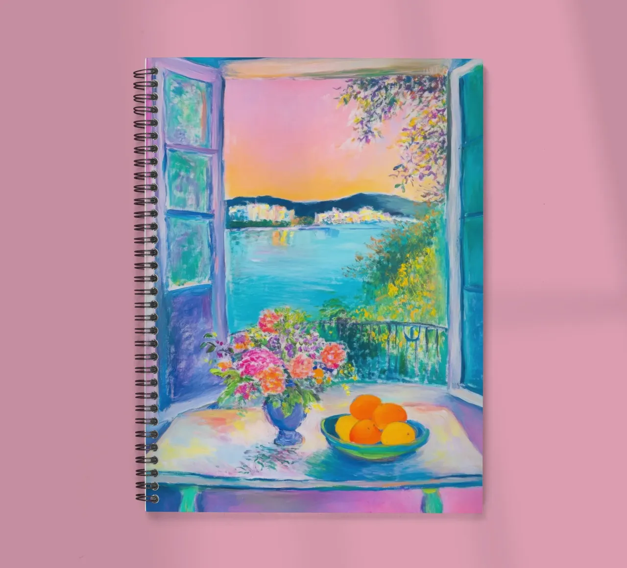 Summery sea view with flowers and oranges spiral notebook by Nikis Art Studio