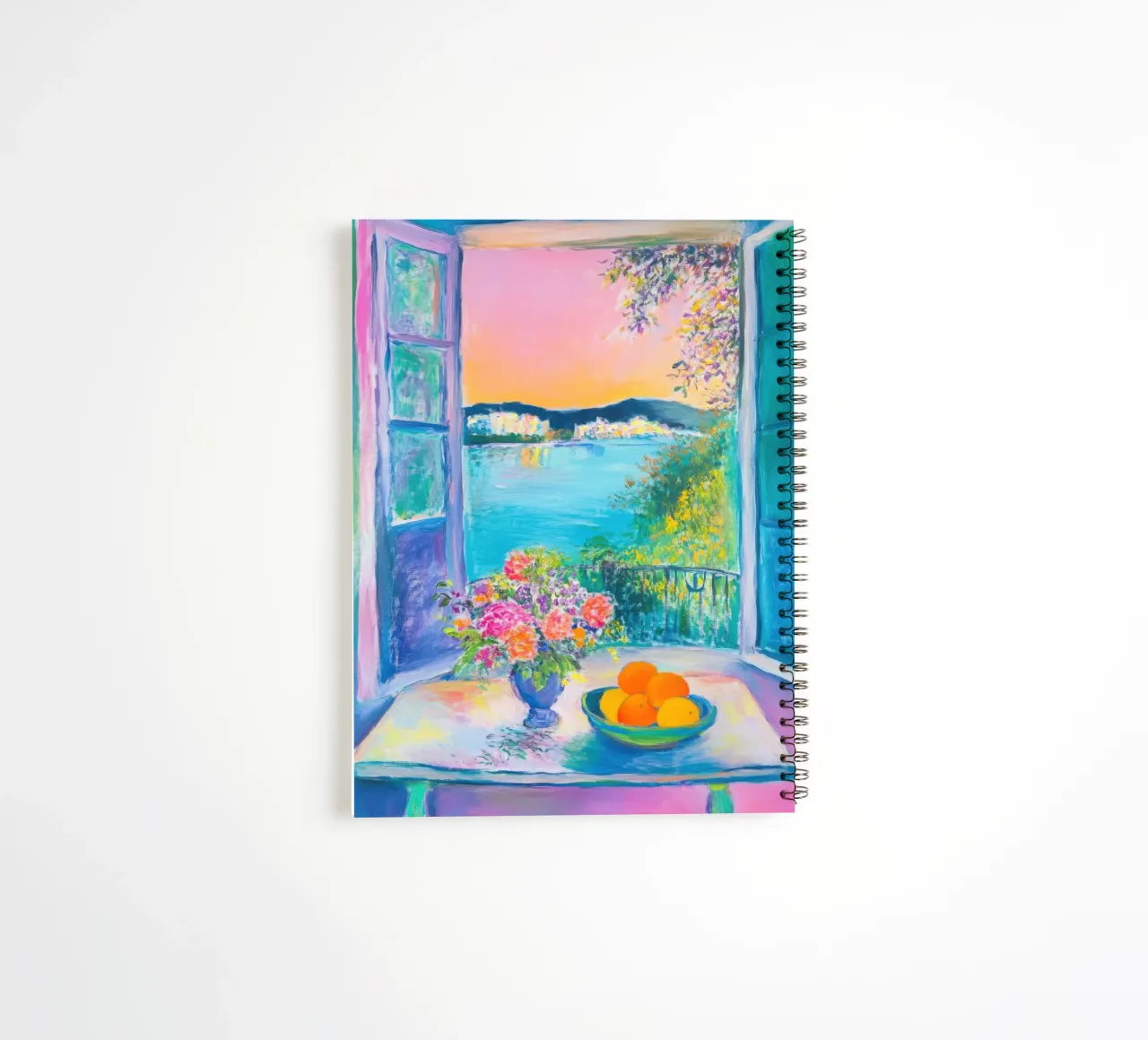 Summery sea view with flowers and oranges spiral notebook by Nikis Art Studio
