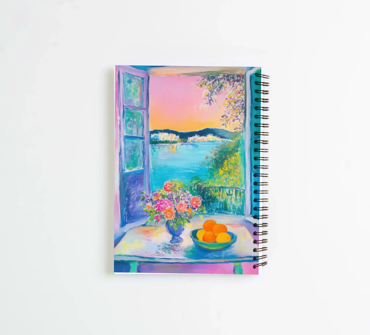 Summery sea view with flowers and oranges spiral notebook by Nikis Art Studio