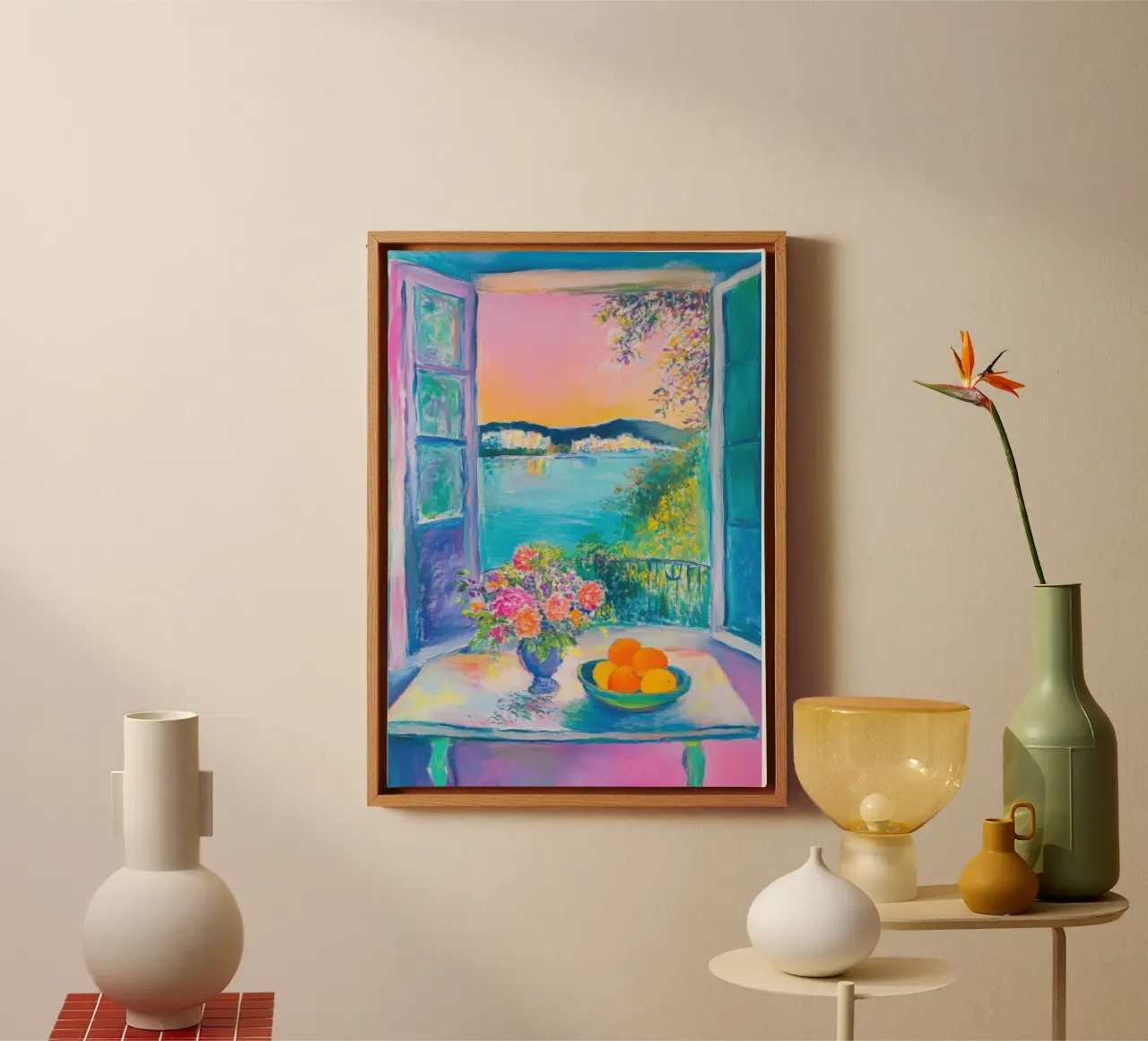Vue estivale sur la mer avec des fleurs et des oranges toile avec Caisse américaine de Nikis Art Studio
