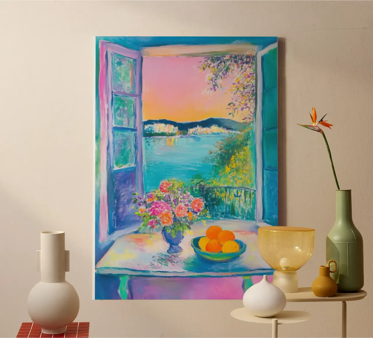 Vue estivale sur la mer avec des fleurs et des oranges toile avec Caisse américaine de Nikis Art Studio