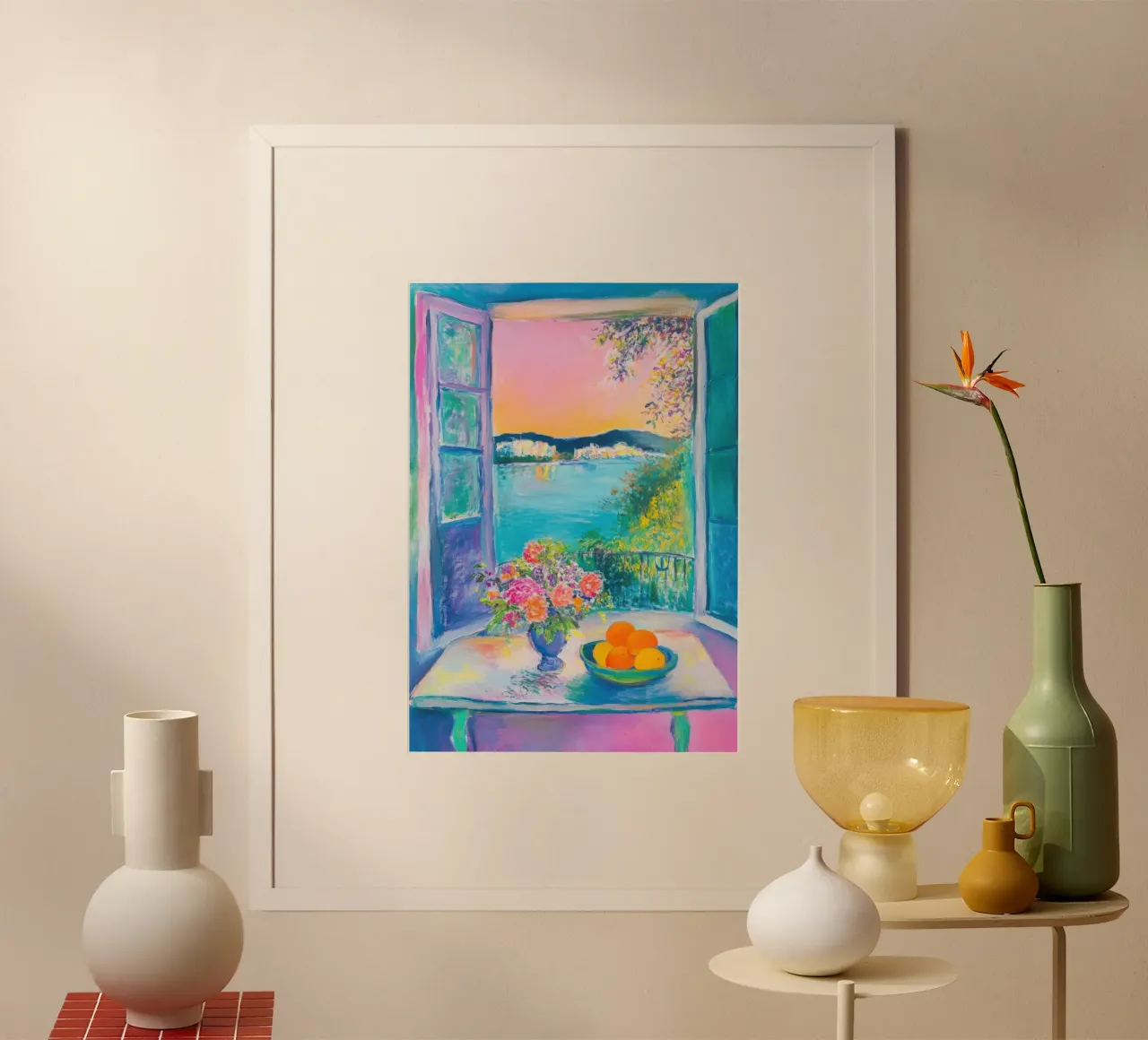 Vue estivale sur la mer avec des fleurs et des oranges hahnemühle de Nikis Art Studio