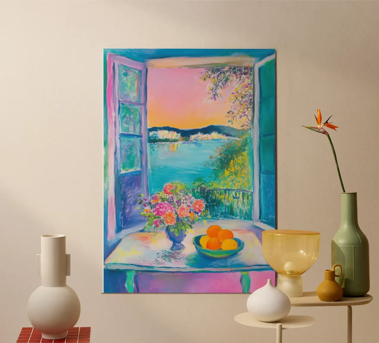 Sommerlicher Meerblick mit Blumen und Orangen Poster von Nikis Art Studio