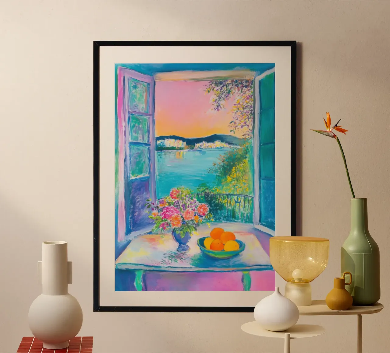 Sommerlicher Meerblick mit Blumen und Orangen Poster von Nikis Art Studio