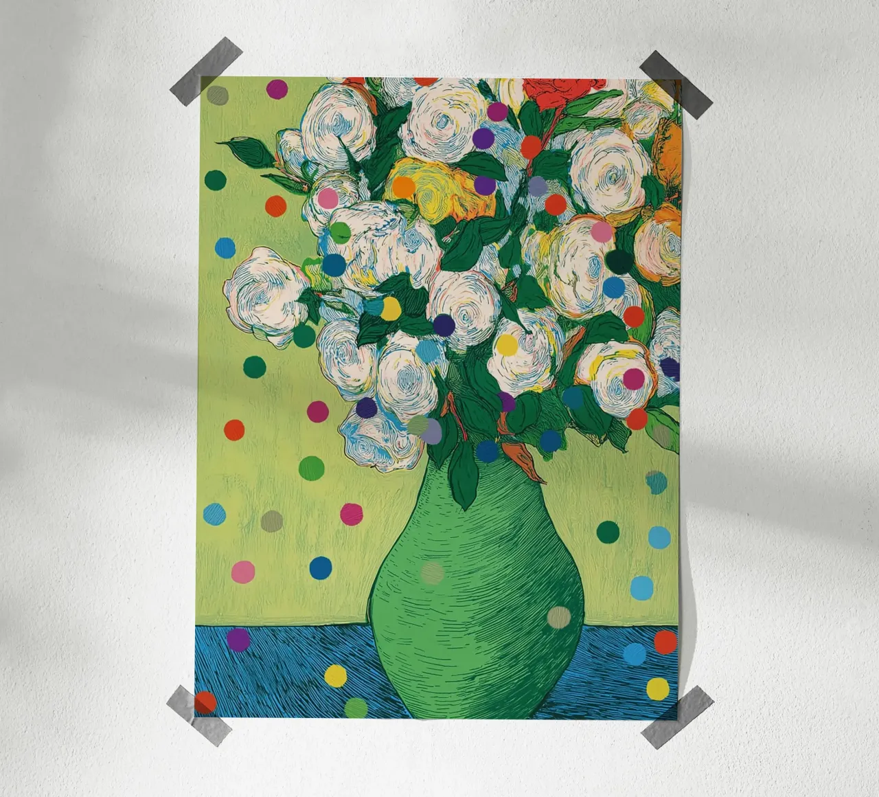 Rose bianche con coriandoli poster con telaio in legno da Carinaprint