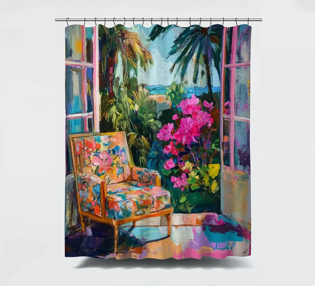 Window view of the Mediterranean shower curtain by Nikis Art Studio