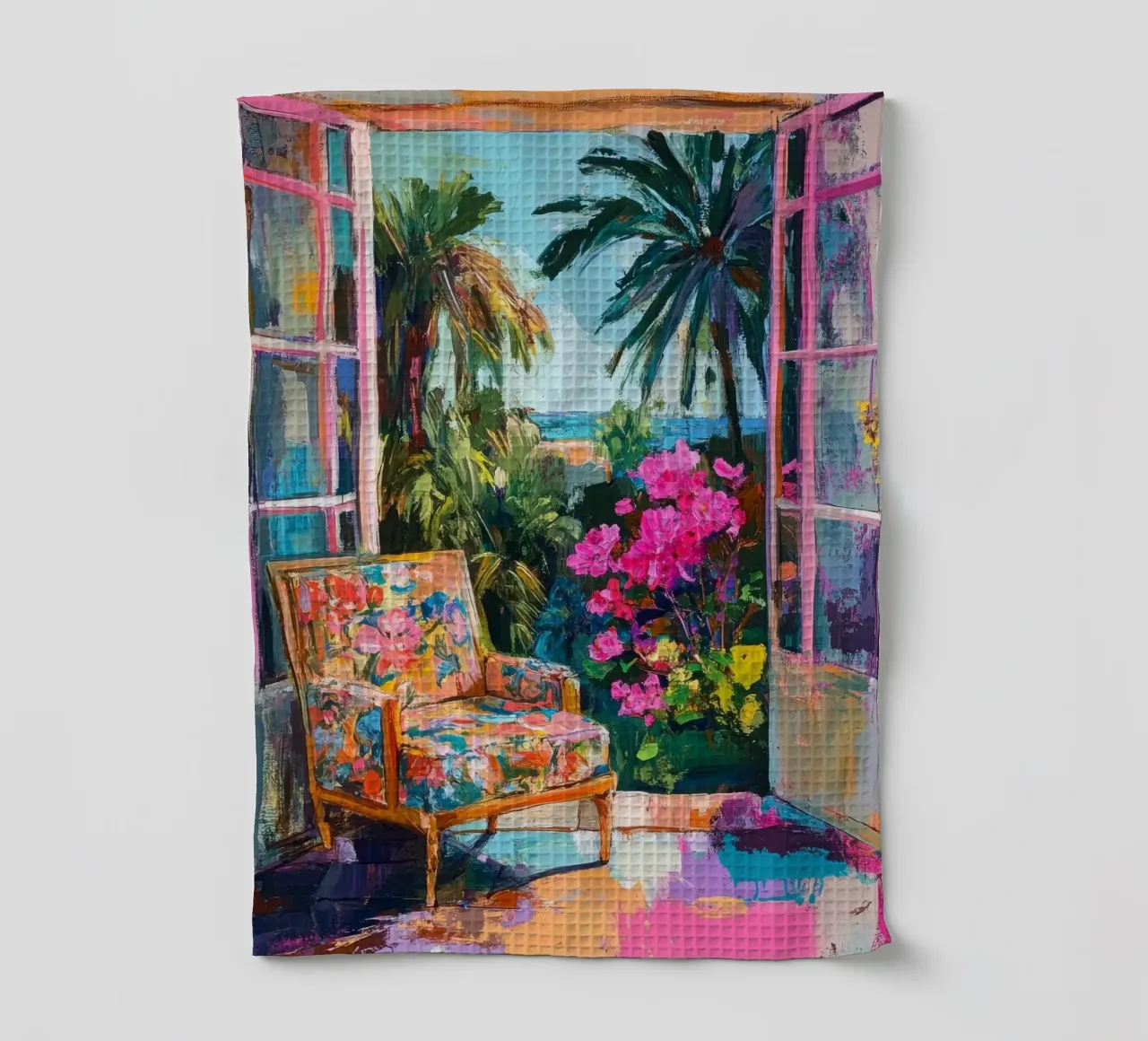 Vue de la fenêtre sur la Méditerranée torchon de Nikis Art Studio