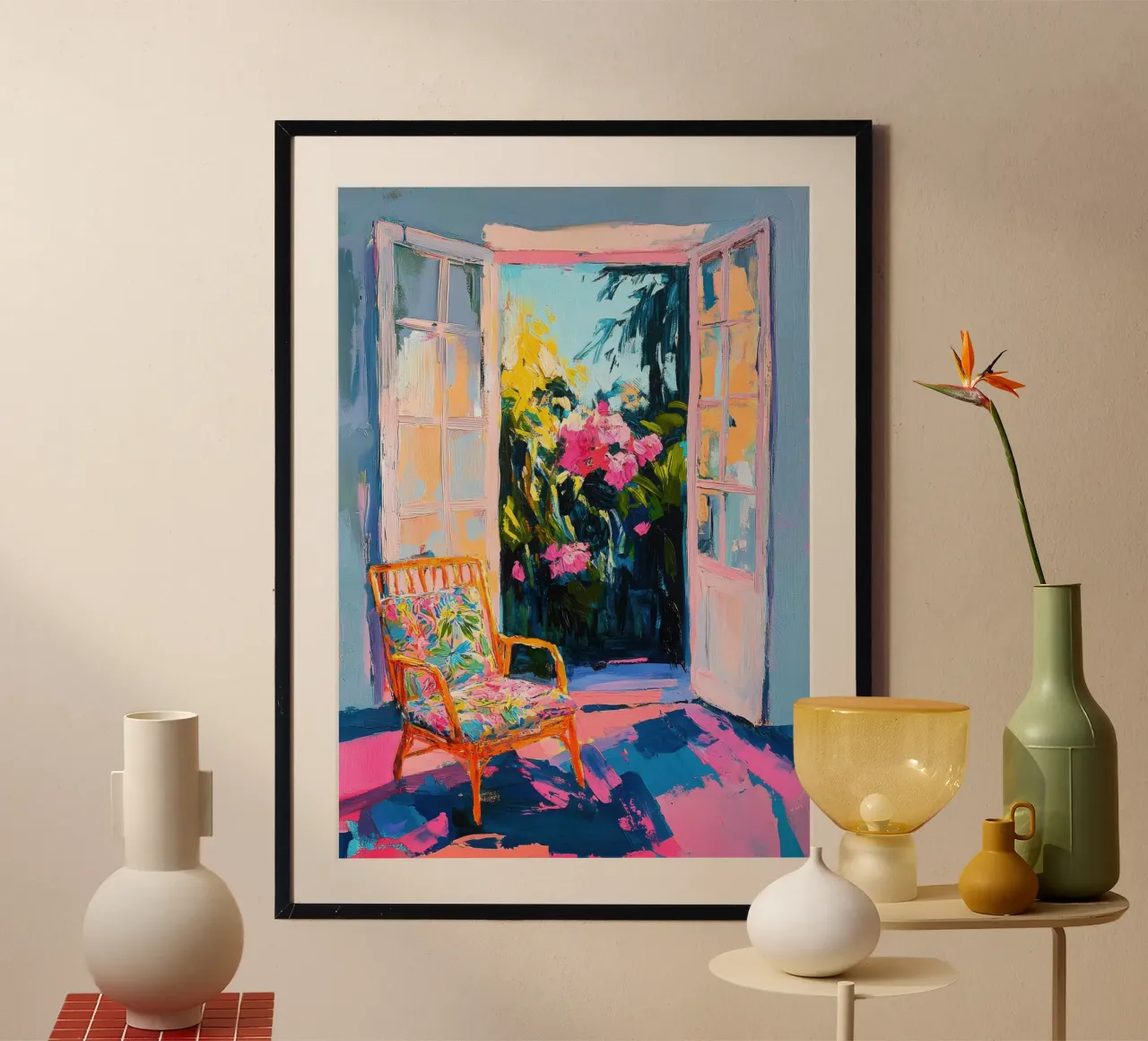 Porta aperta con giardino fiorito in primavera poster con telaio in legno da Nikis Art Studio
