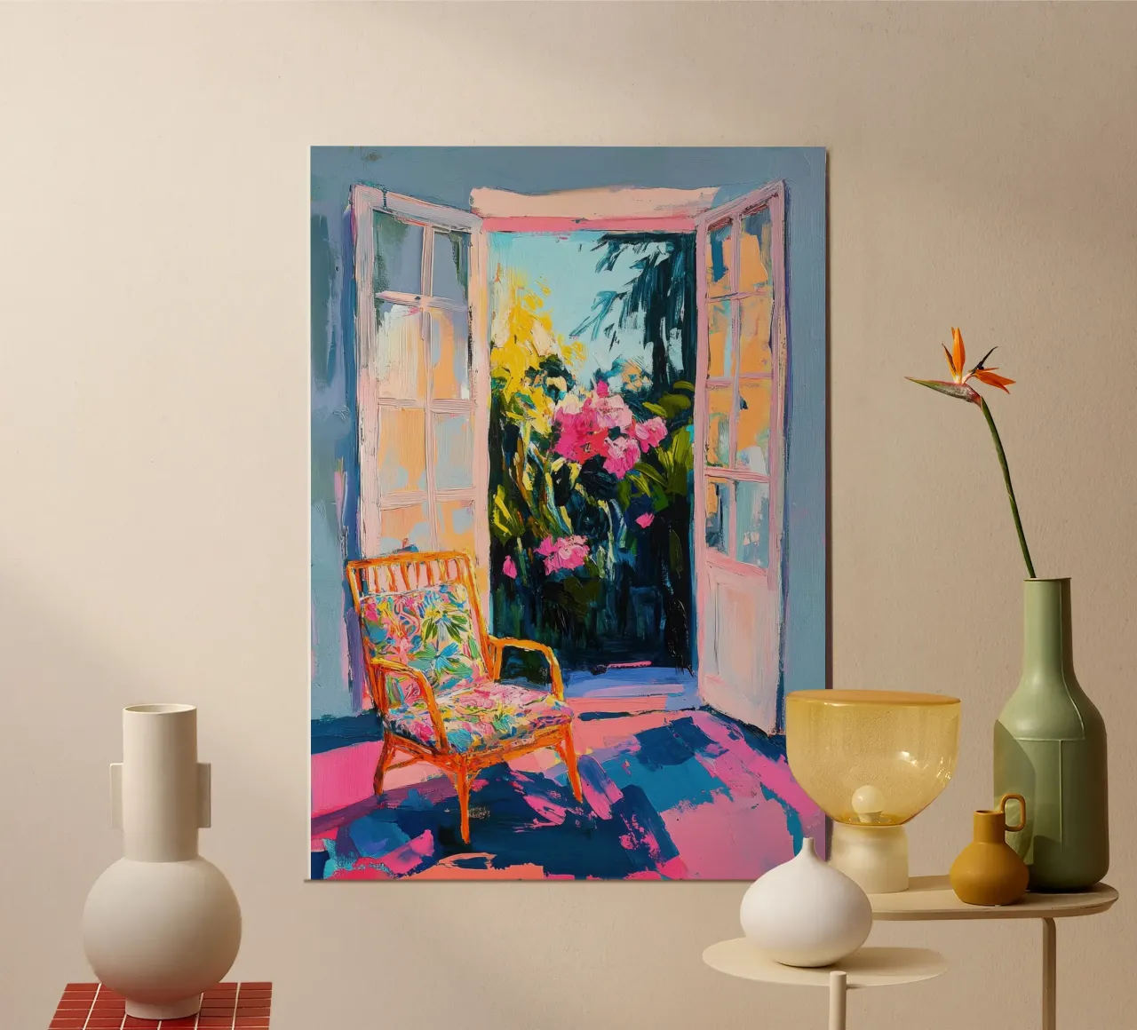 Porta aperta con giardino fiorito in primavera poster con telaio in legno da Nikis Art Studio