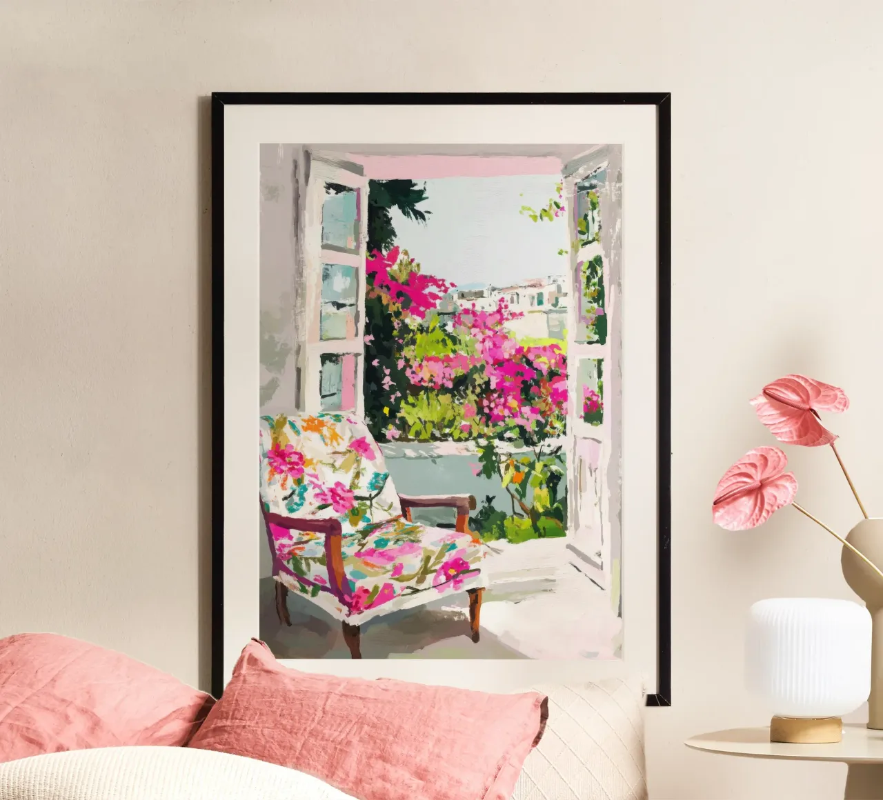 Parisian window view with bougainvillea hahnemühle by Nikis Art Studio