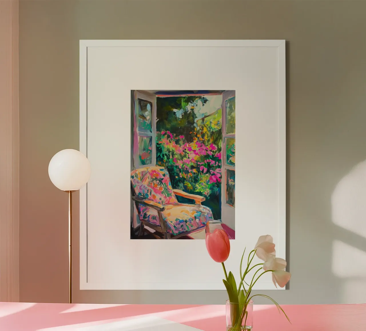 Poltrona vicino alla finestra con vista sul giardino fiorito poster da Nikis Art Studio