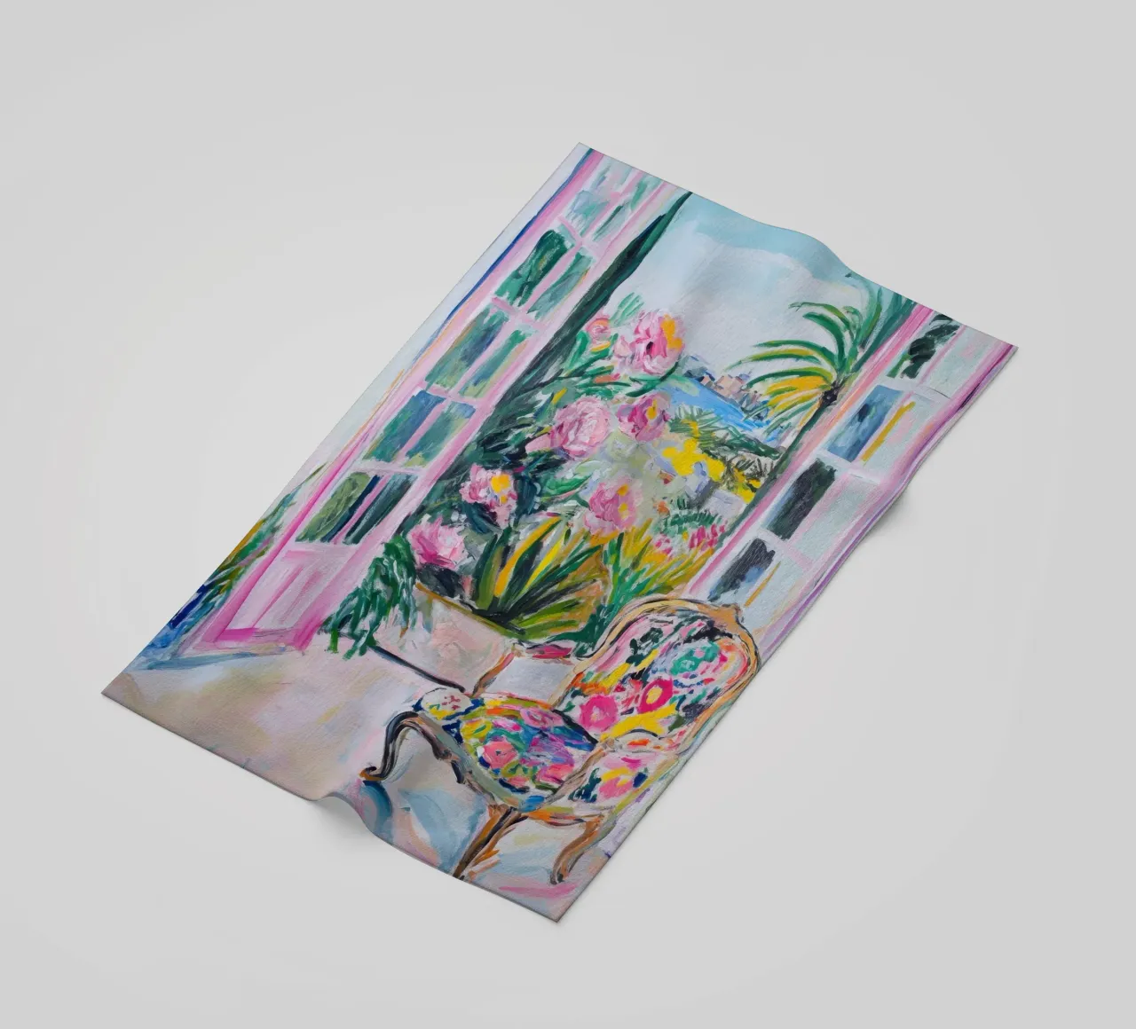 Porte rosa aperte con vista mare e fiori telo mare da Nikis Art Studio