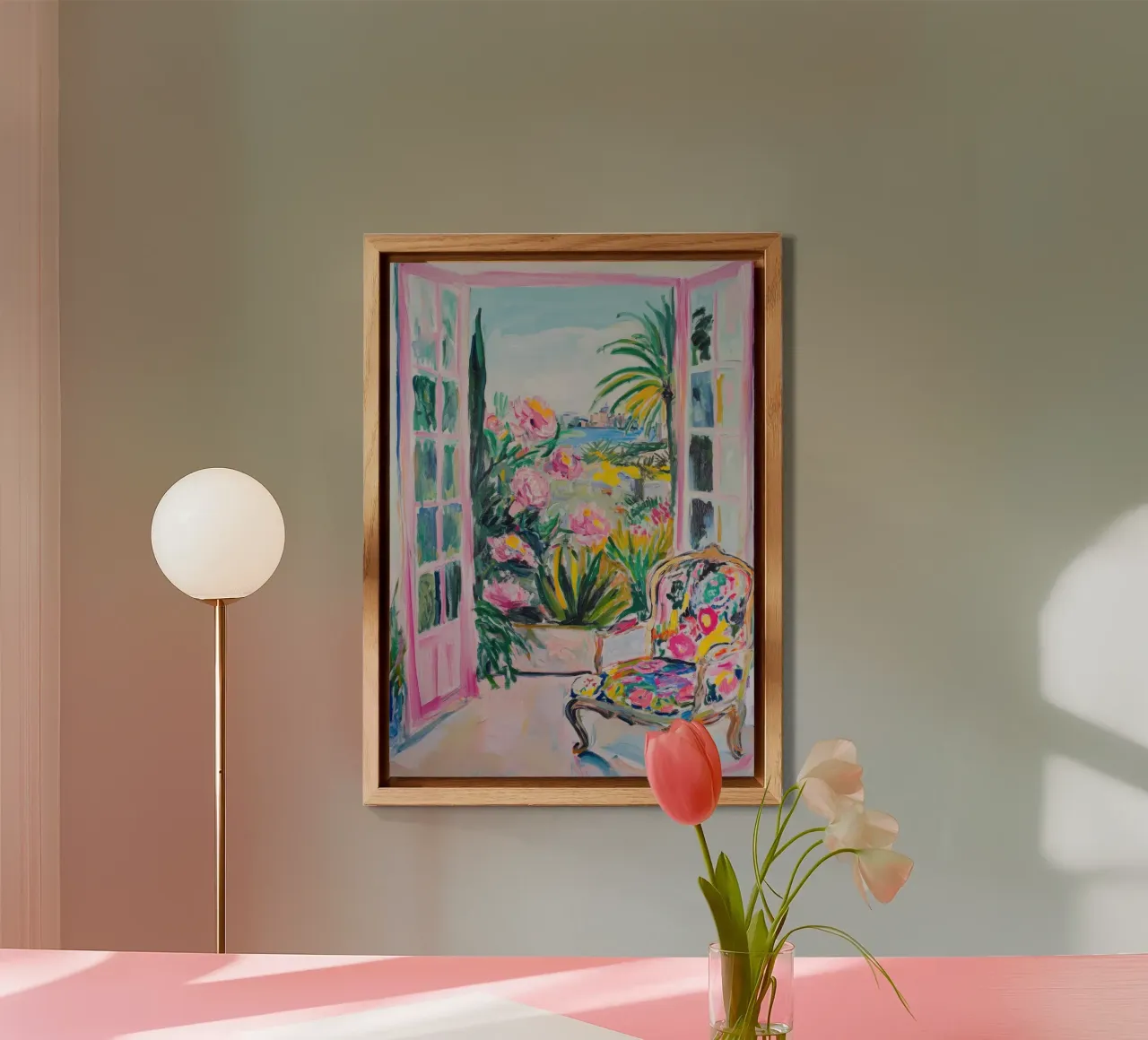 Porte rosa aperte con vista mare e fiori alluminio dibond da Nikis Art Studio