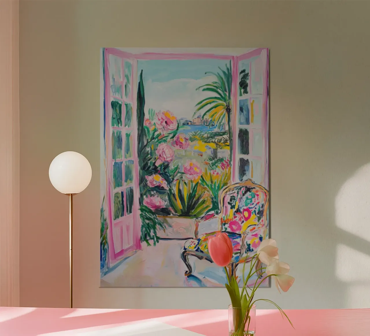 Porte rosa aperte con vista mare e fiori alluminio dibond da Nikis Art Studio