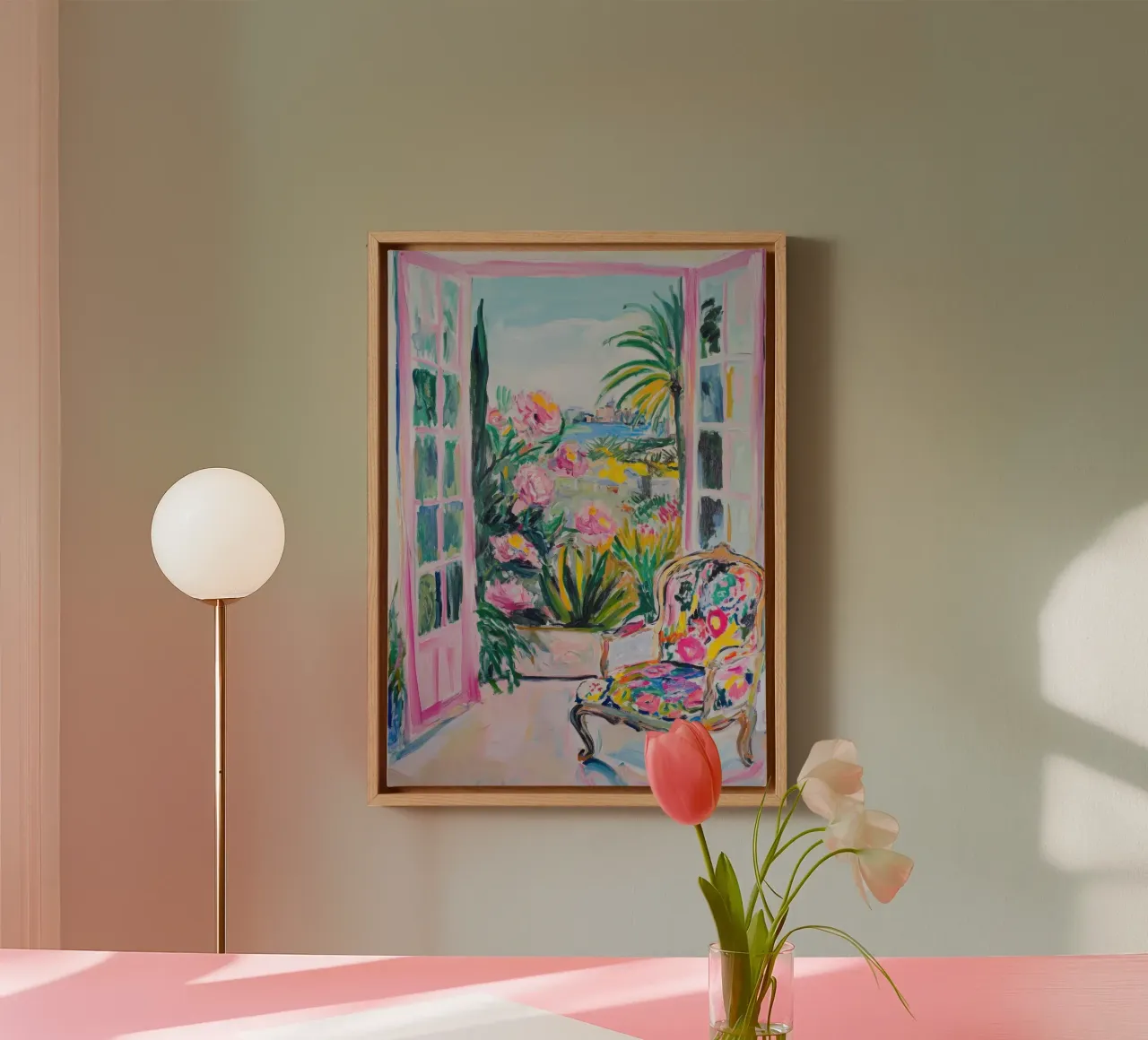 Portes pincées ouvertes avec vue sur la mer & fleurs toile avec Caisse américaine de Nikis Art Studio