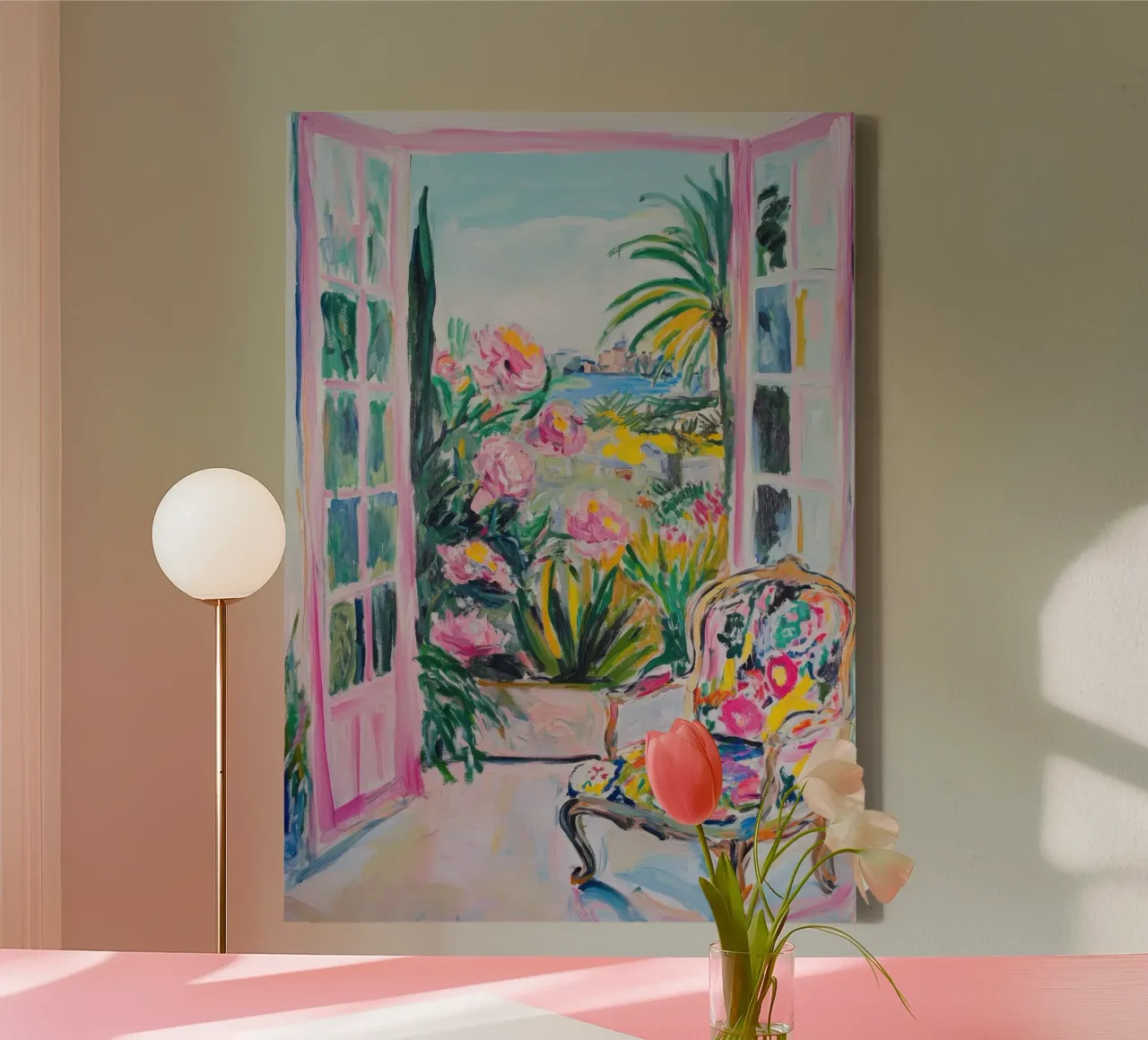 Portes pincées ouvertes avec vue sur la mer & fleurs toile avec Caisse américaine de Nikis Art Studio