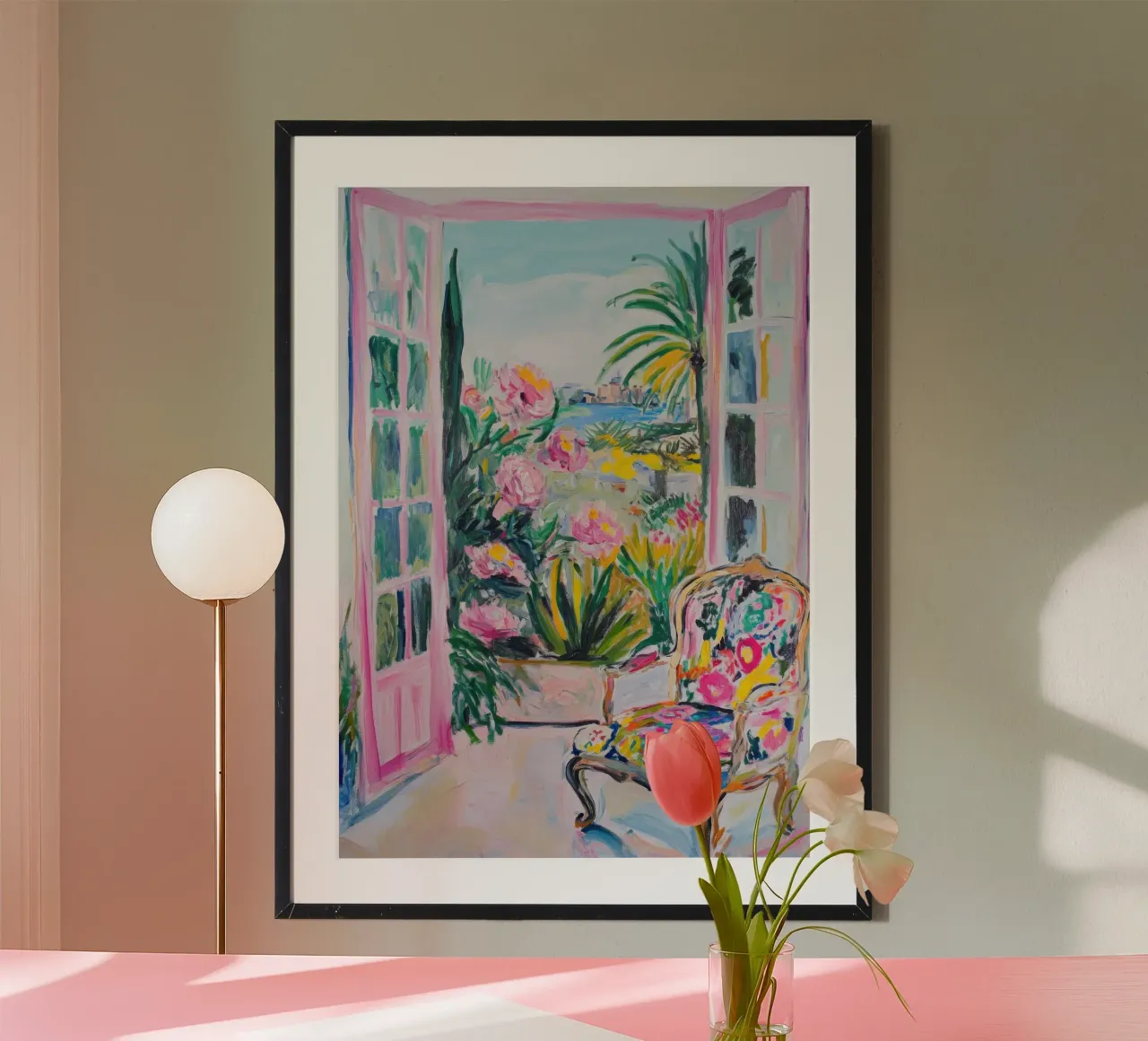 Porte rosa aperte con vista mare e fiori poster con telaio in alluminio da Nikis Art Studio