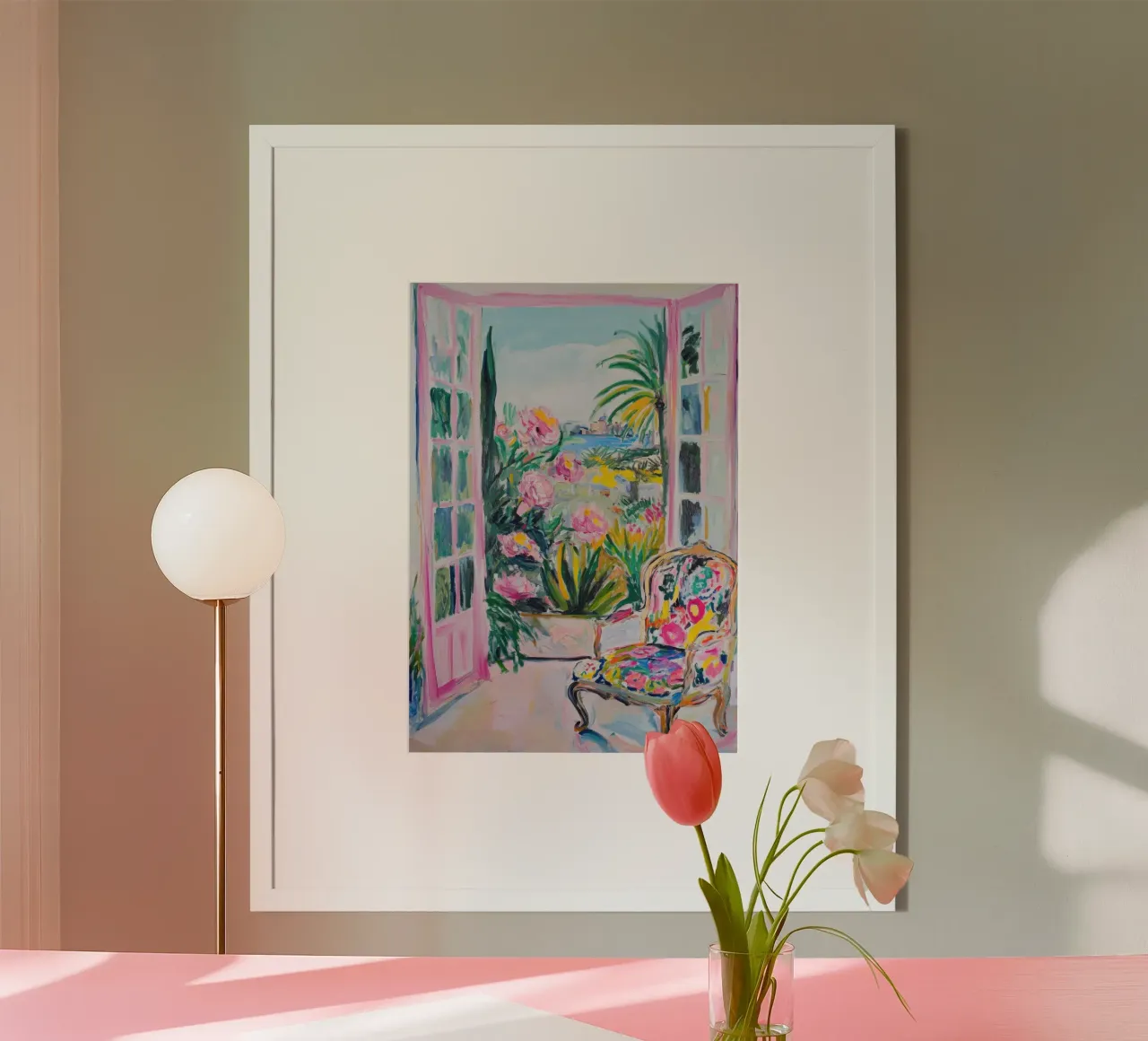 Porte rosa aperte con vista mare e fiori poster con telaio in alluminio da Nikis Art Studio