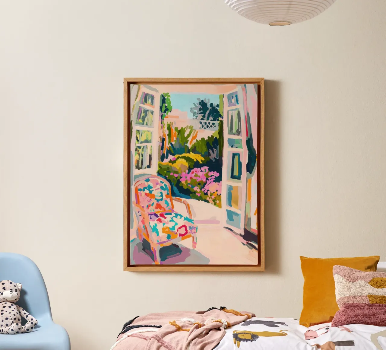 Armchair in front of open doors to the garden canvas with Floater frame by Nikis Art Studio